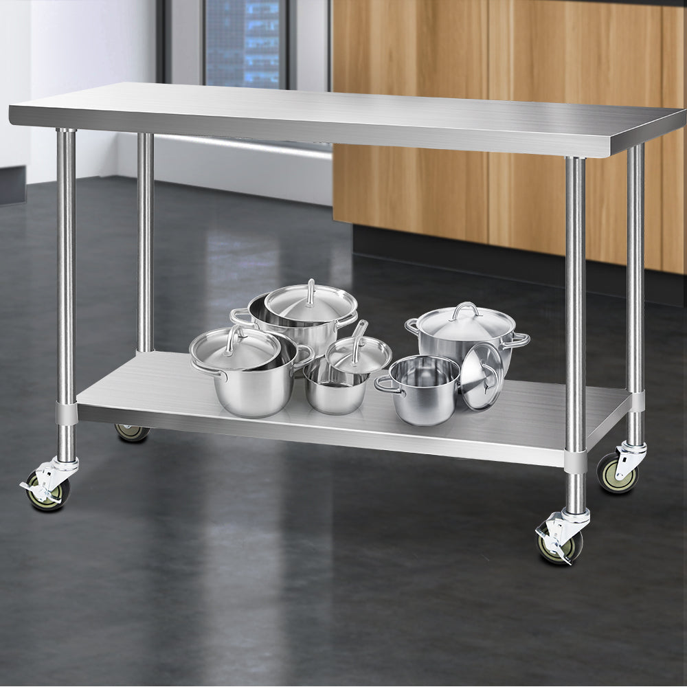 1524x610mm Stainless Steel Kitchen Bench with Wheels 304