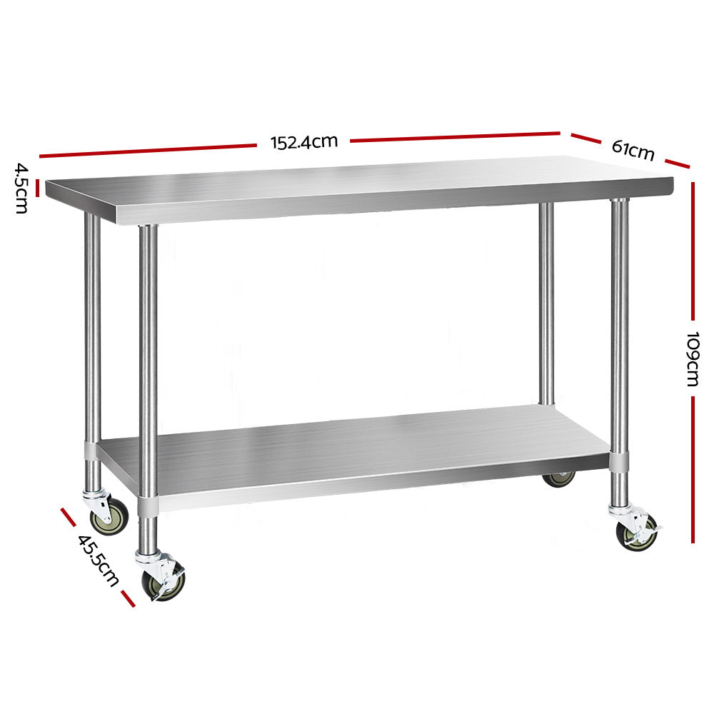 1524x610mm Stainless Steel Kitchen Bench with Wheels 304