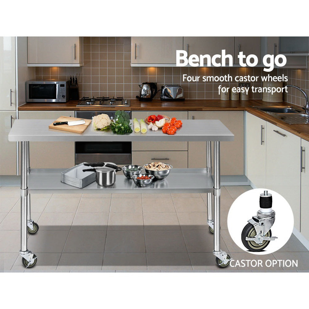 1524x610mm Stainless Steel Kitchen Bench with Wheels 304