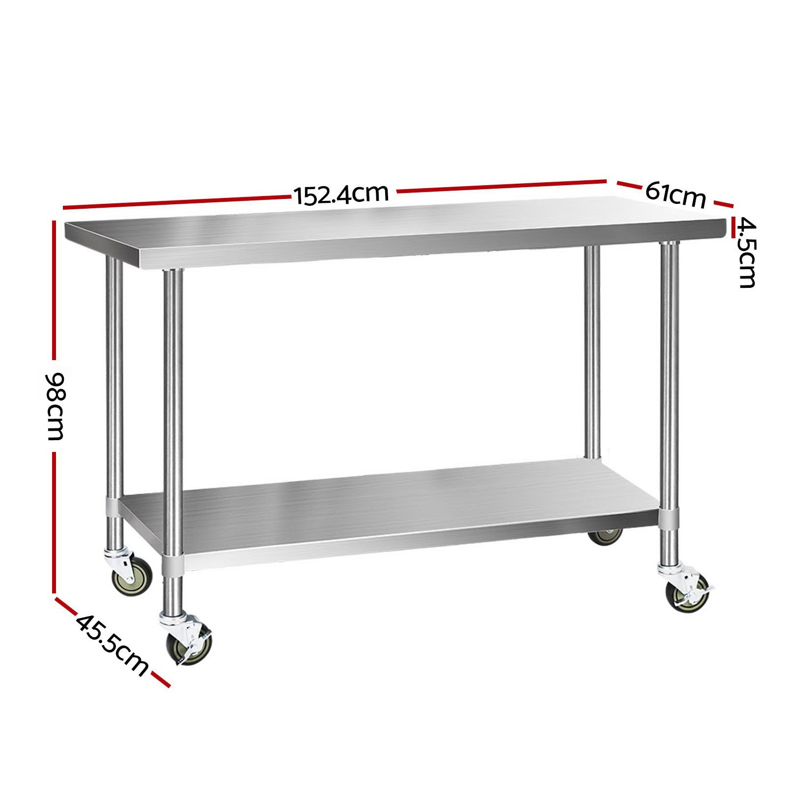 1524x610mm Stainless Steel Kitchen Bench with Wheels 430