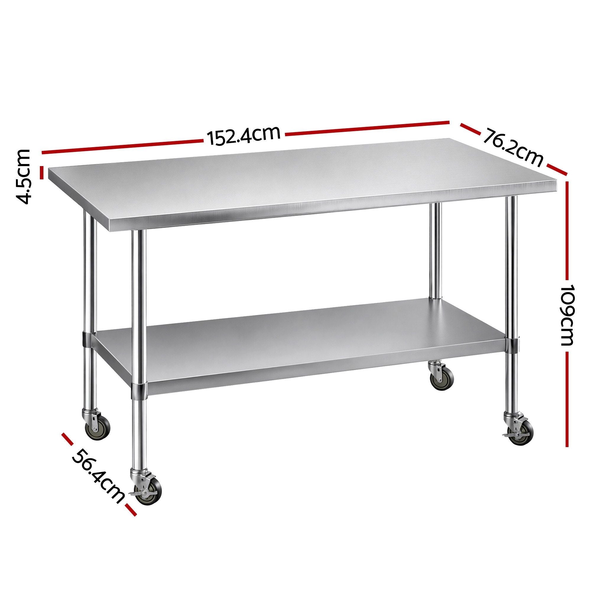 1524x762mm Stainless Steel Kitchen Bench w/ Splashback Work Table Prep Bench Commercial 430
