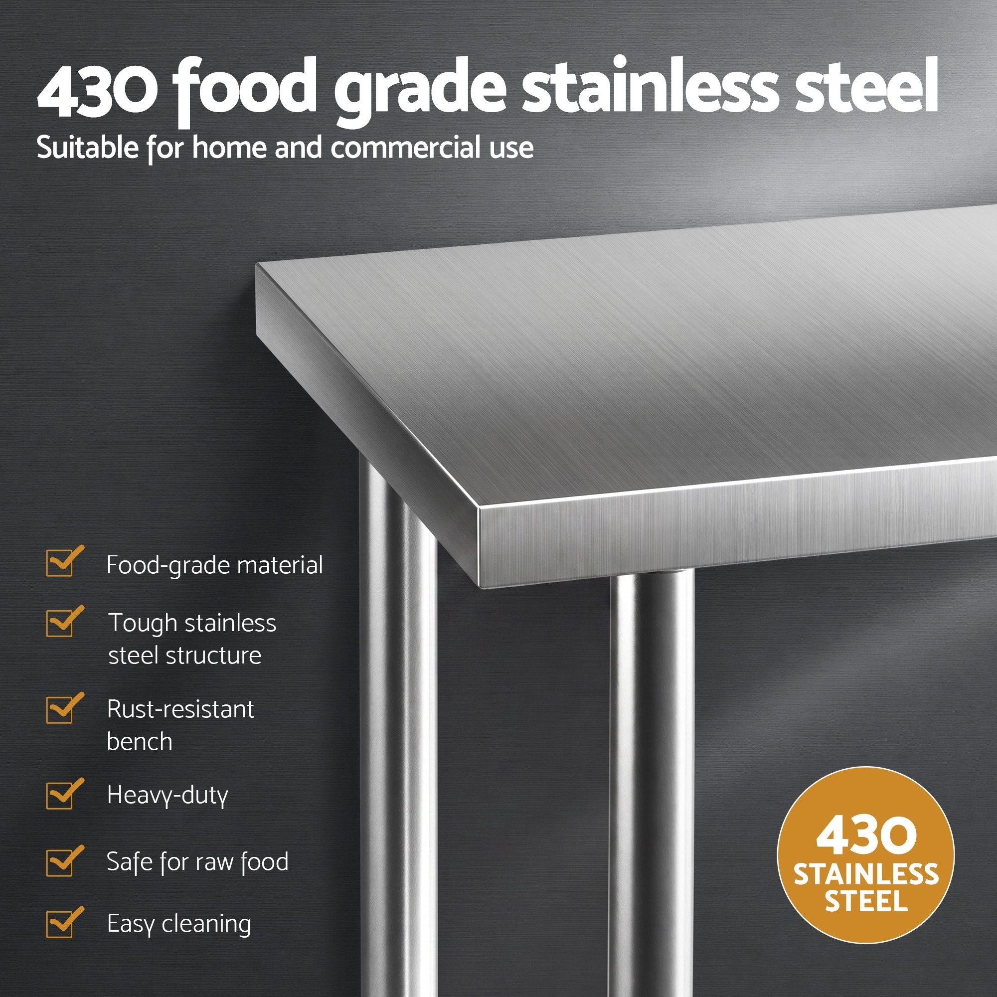 1524x762mm Stainless Steel Kitchen Bench w/ Splashback Work Table Prep Bench Commercial 430