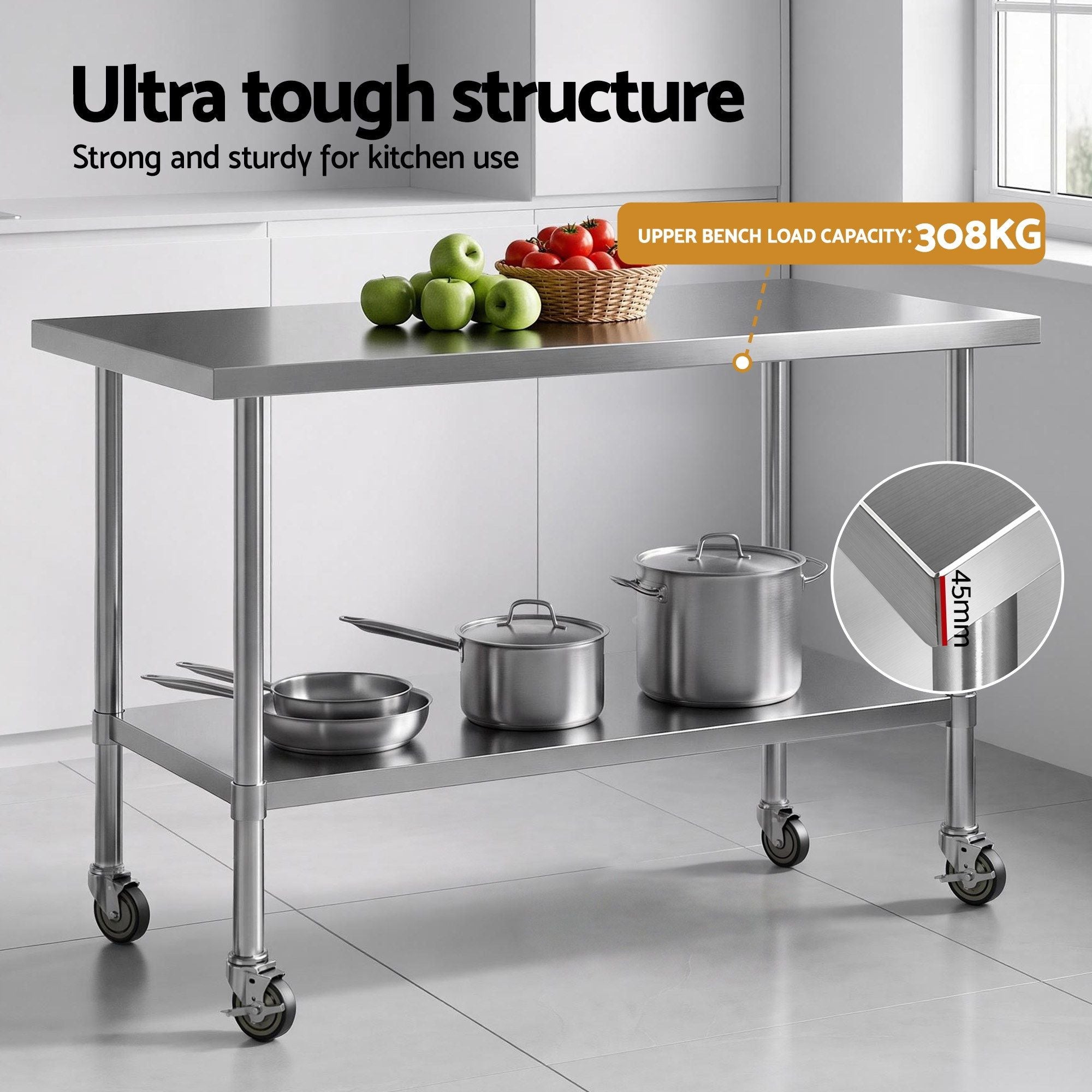1524x762mm Stainless Steel Kitchen Bench w/ Splashback Work Table Prep Bench Commercial 430
