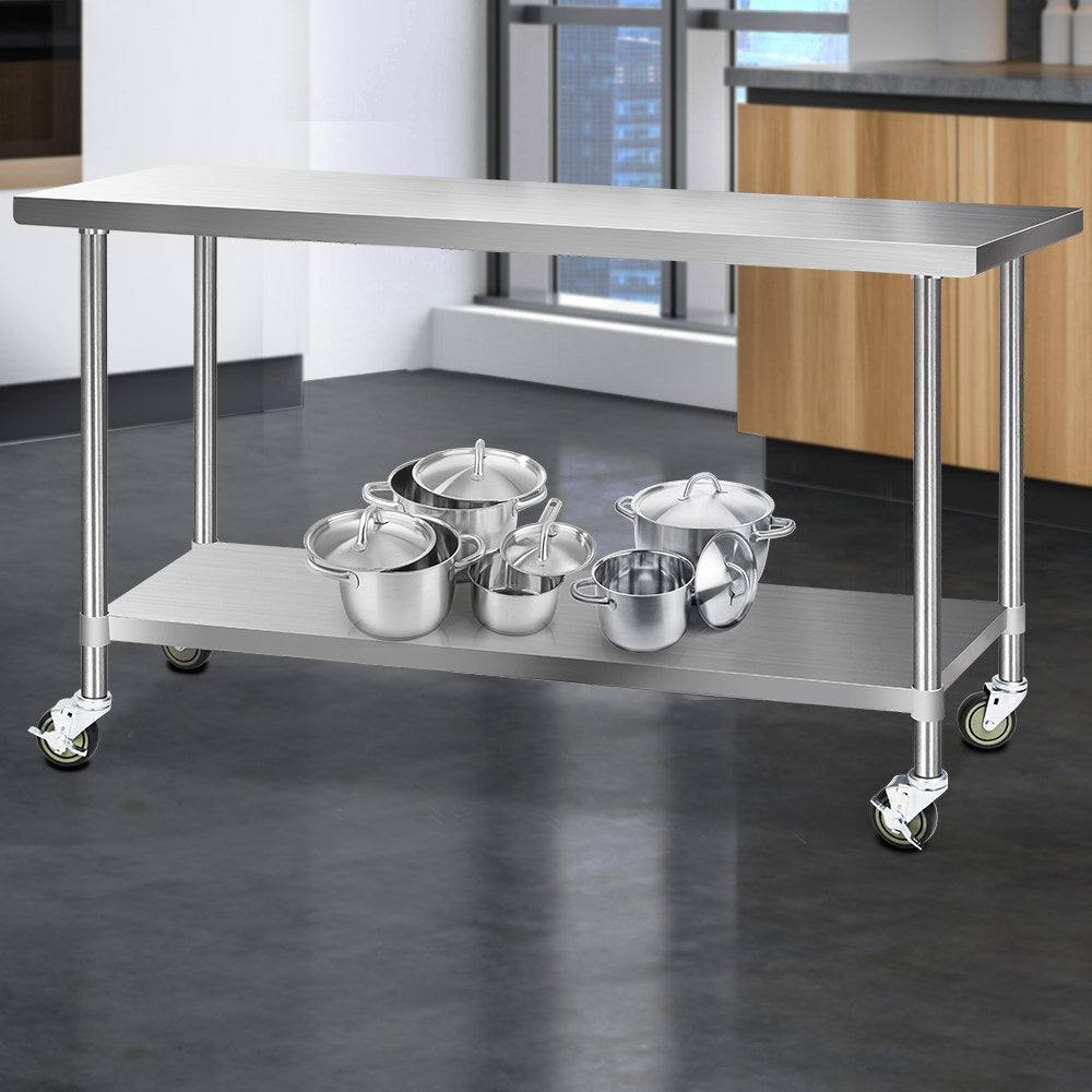 1829x610mm Stainless Steel Kitchen Bench with Wheels 430