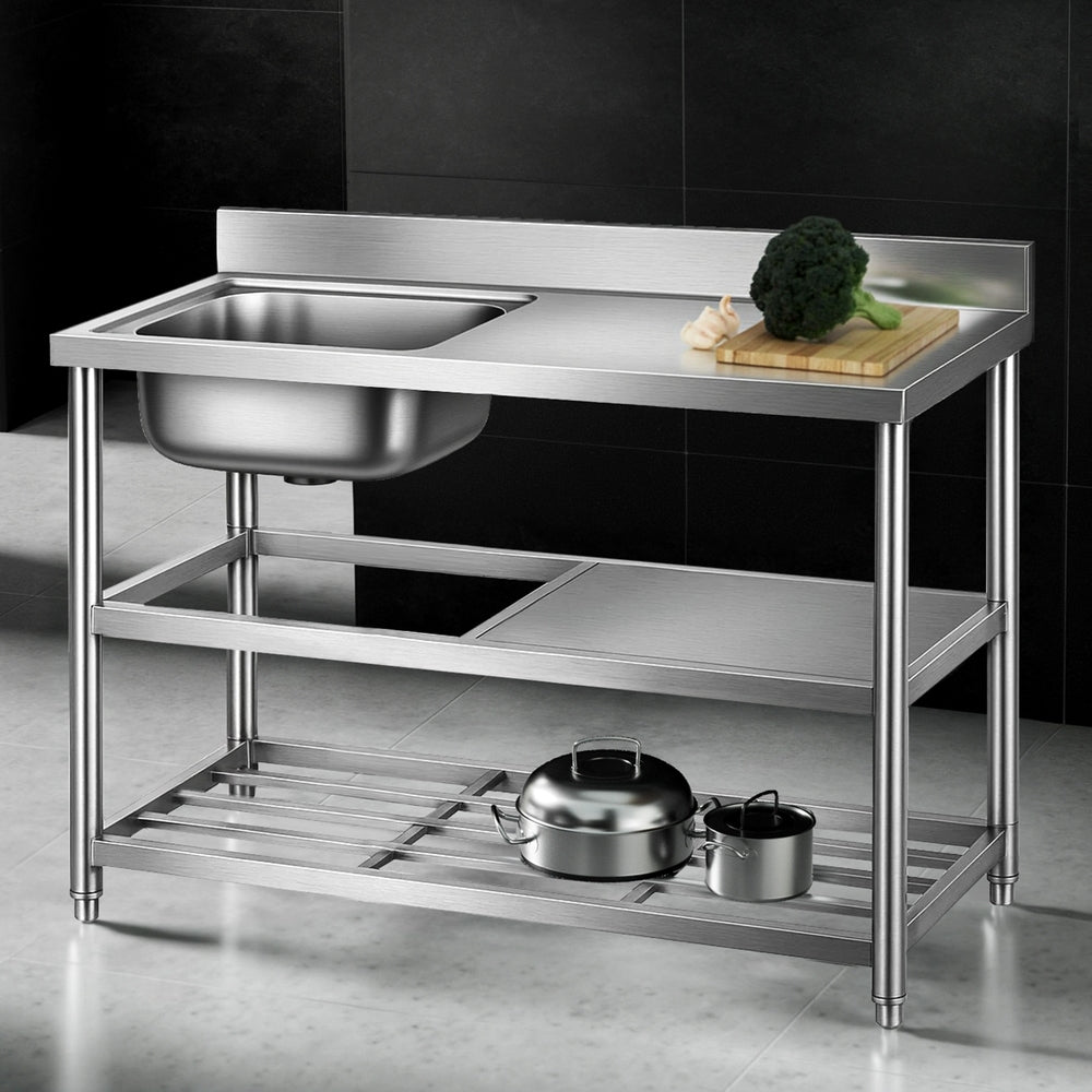 Stainless Steel Kitchen Bench Work Table with Sink Splashback 120cm