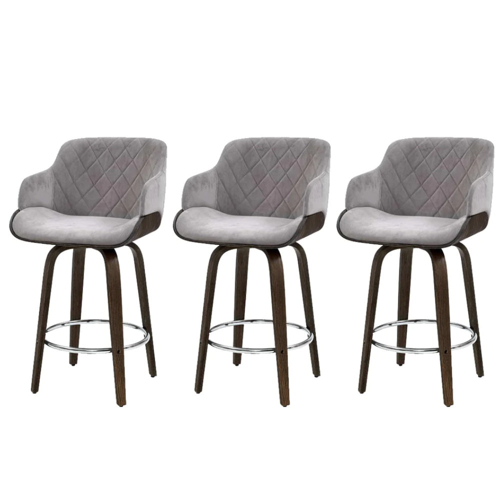 Set of 3 Evonne Wooden Swivel Bar Stools Grey Velvet