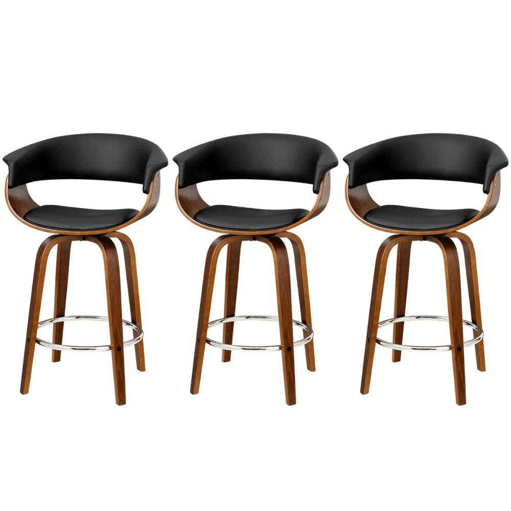 Set of 3 Lawson Wood and Leather Swivel Bar Stools Black