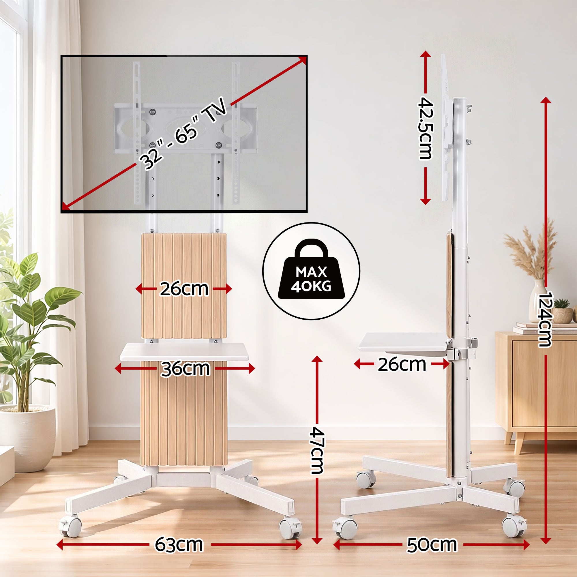 Mobile TV Floor Stand for 32-65" Mount Bracket Universal Adjustable Height with Wheels