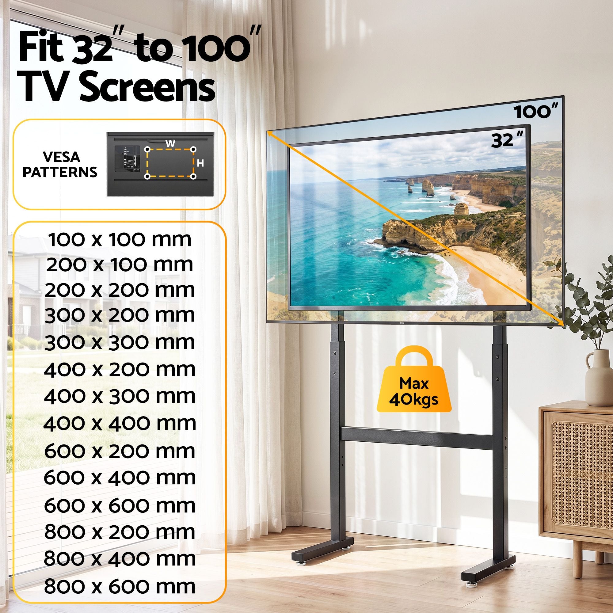 Universal Floor TV Stand for 32-100 Inch Screens Heavy Duty 40kg Capacity