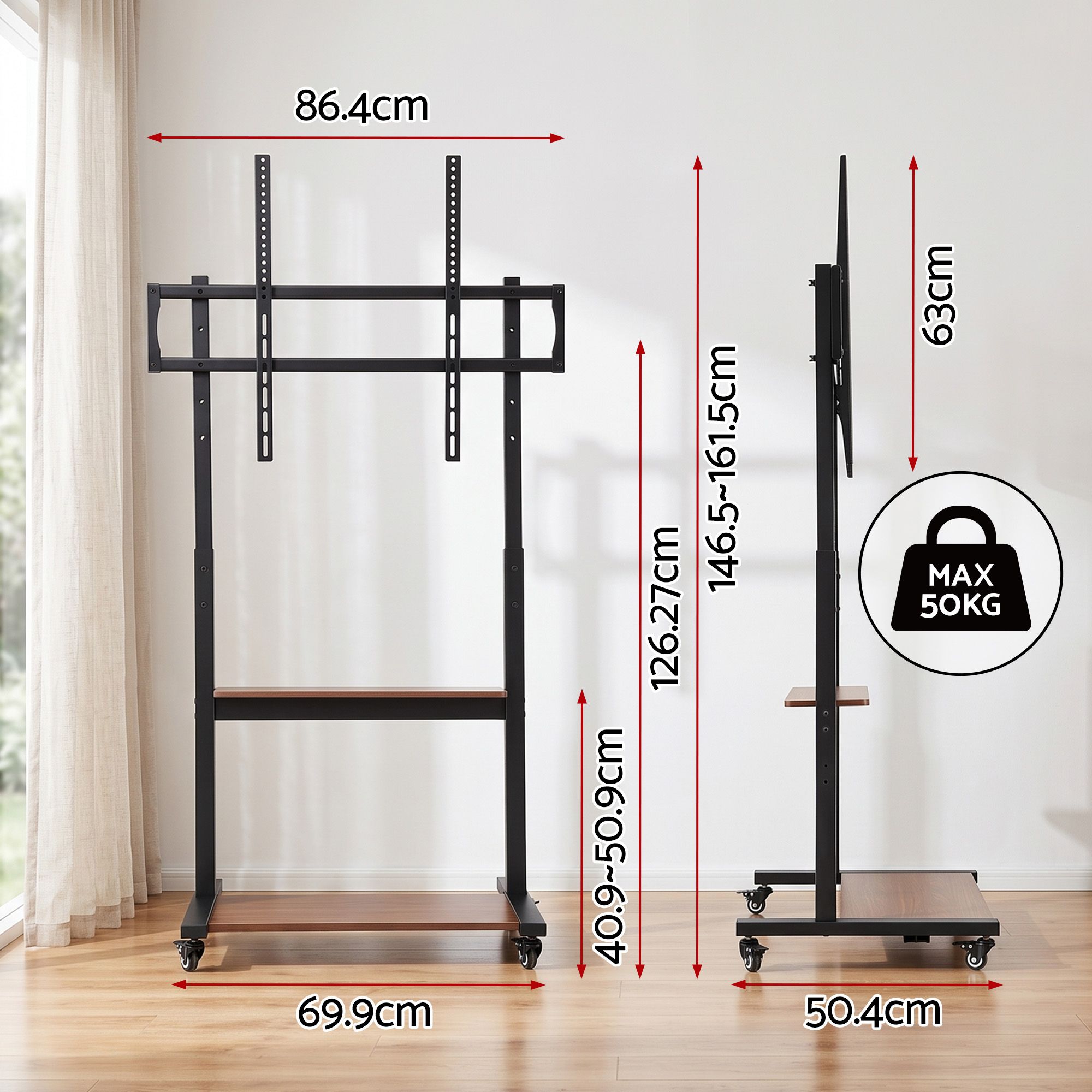 Mobile TV Stand for 40-100 Inch TVs Cart with Wheels Adjustable Shelves