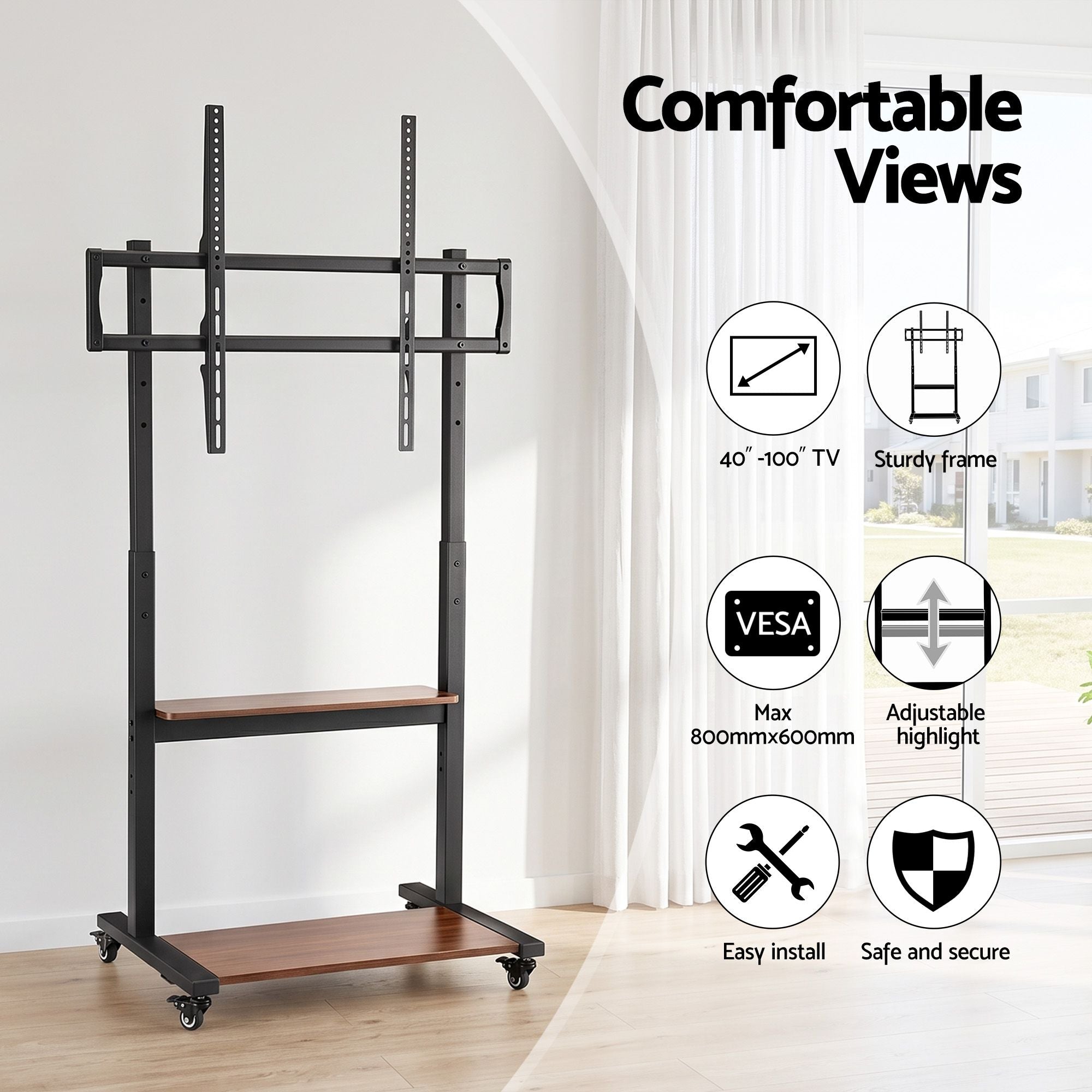 Mobile TV Stand for 40-100 Inch TVs Cart with Wheels Adjustable Shelves