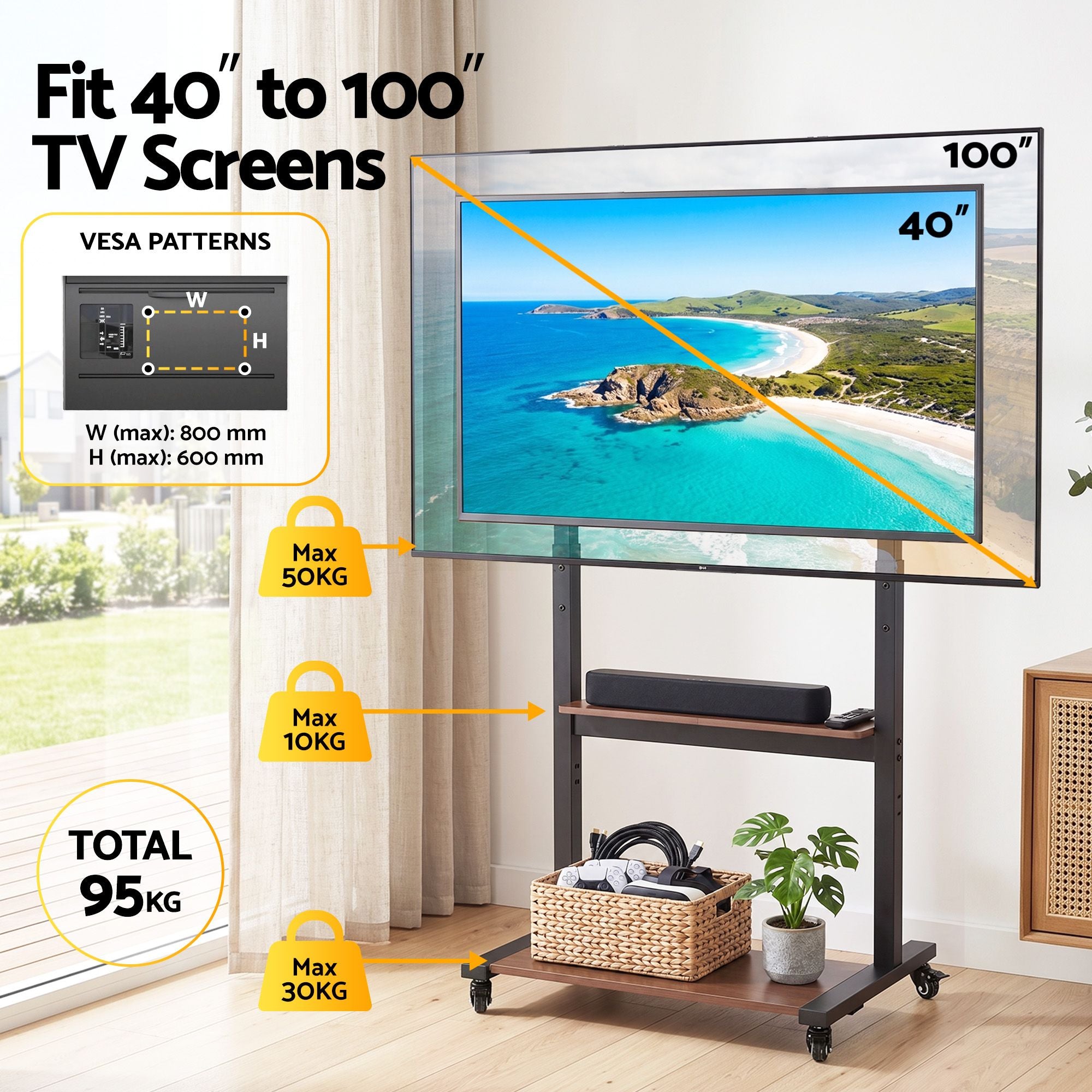Mobile TV Stand for 40-100 Inch TVs Cart with Wheels Adjustable Shelves