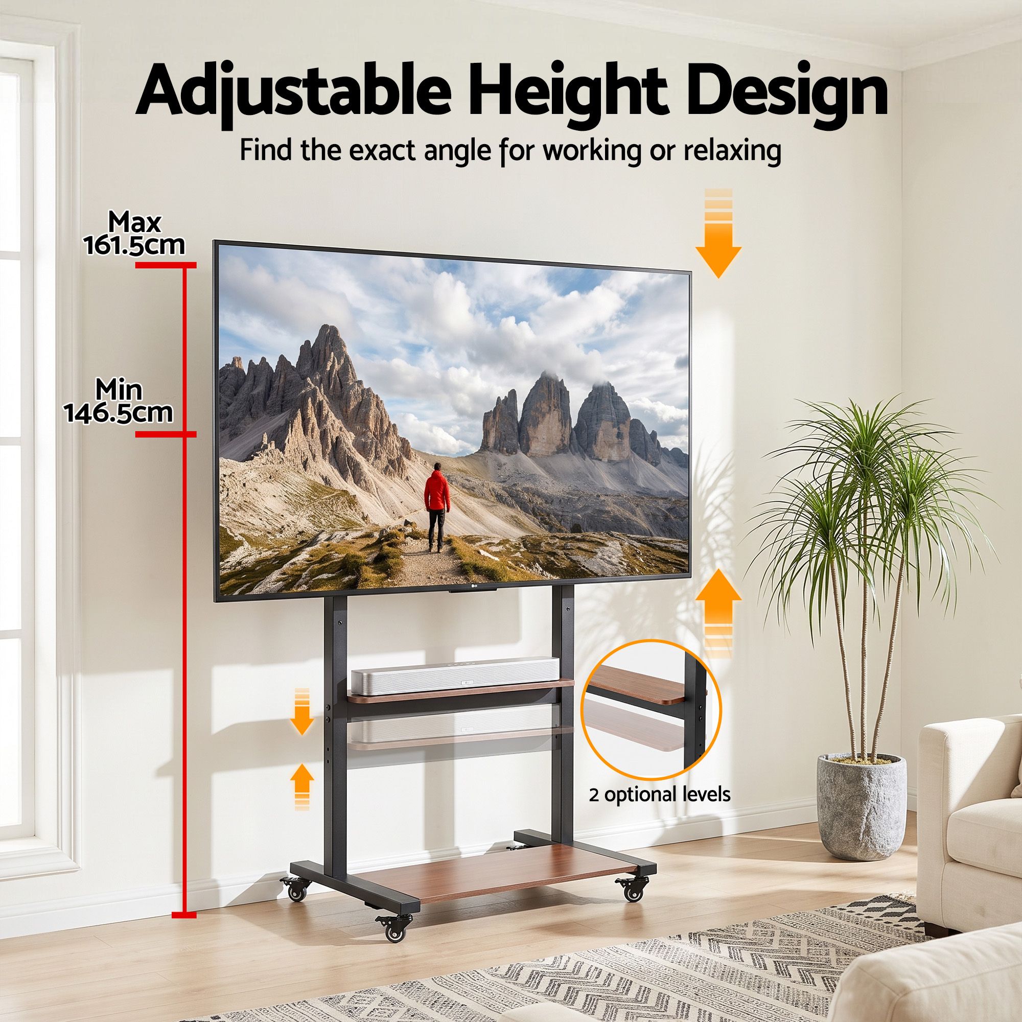 Mobile TV Stand for 40-100 Inch TVs Cart with Wheels Adjustable Shelves