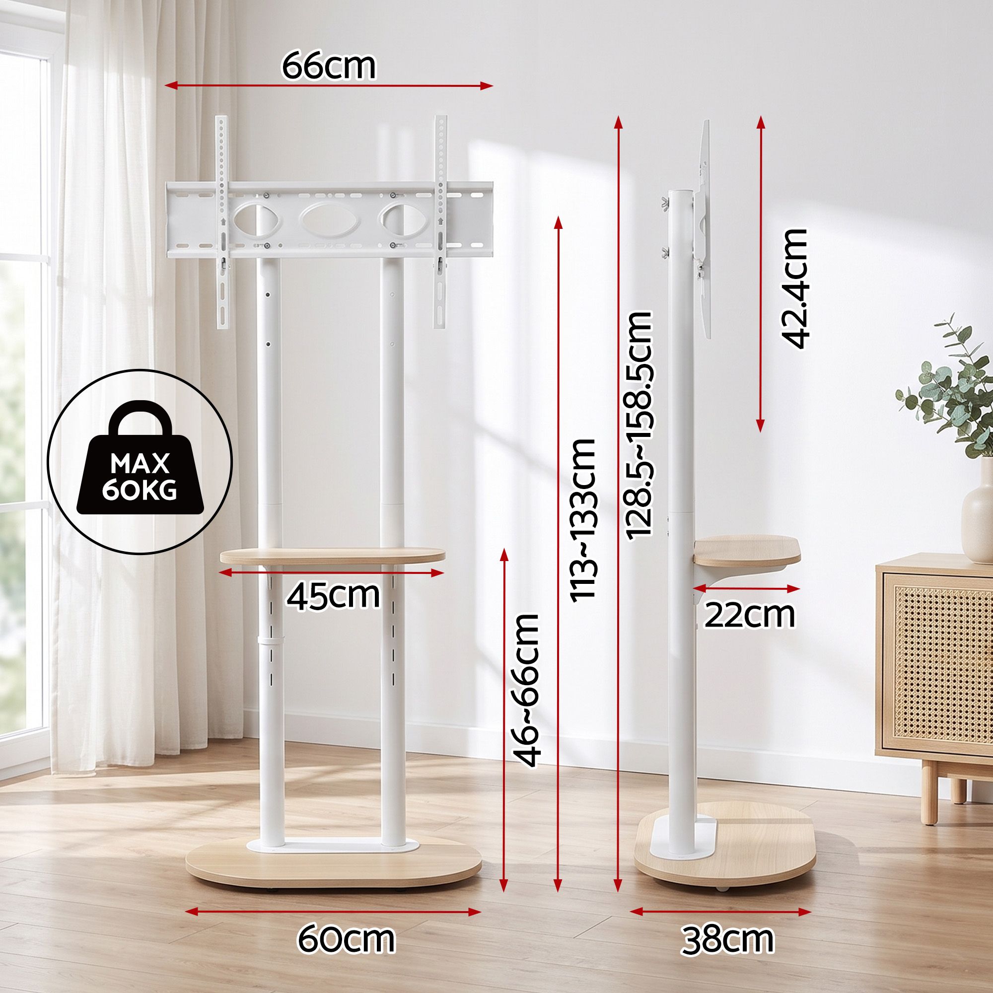 Mobile TV Floor Stand 40-75" Bracket Universal Adjustable Shelves Wheels