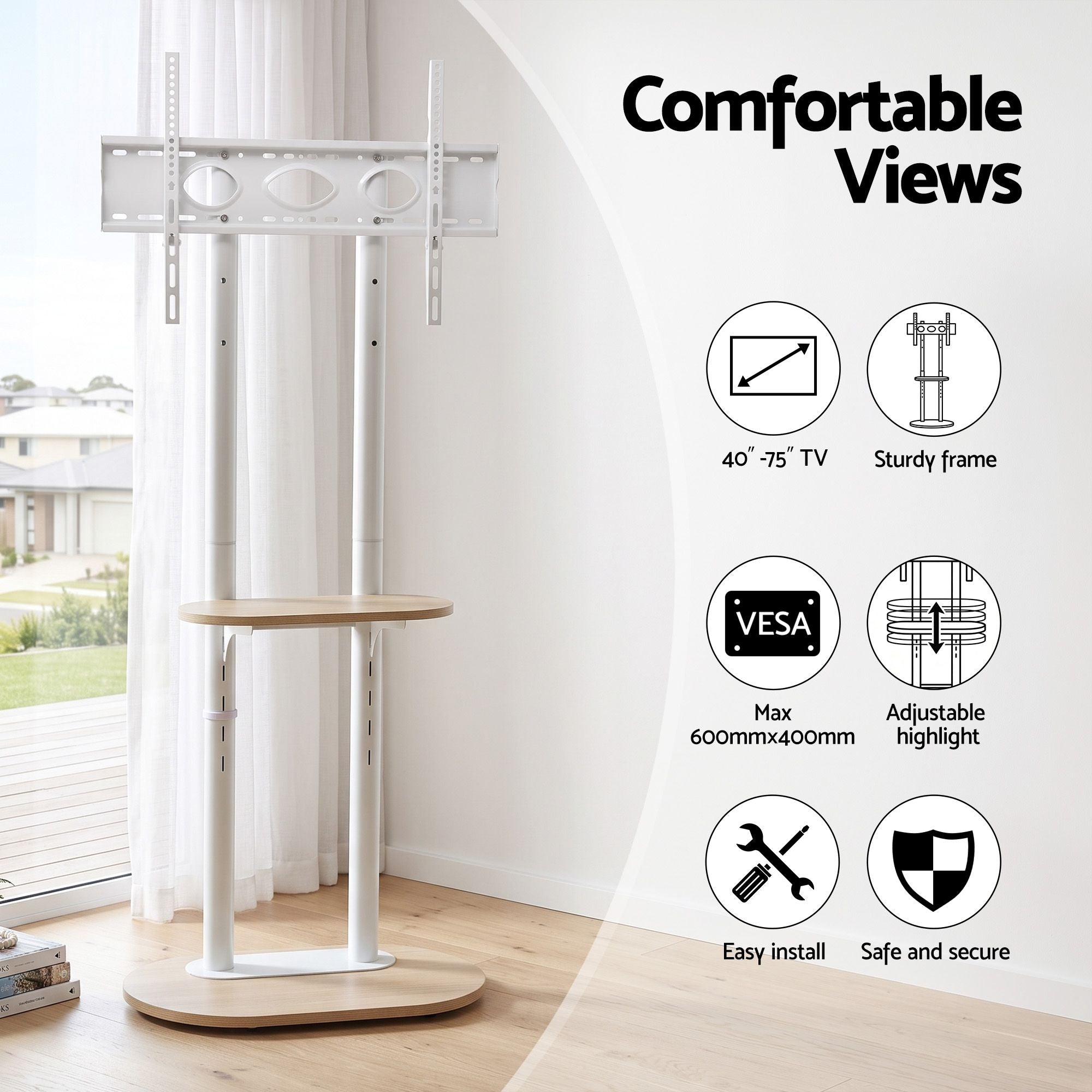 Mobile TV Floor Stand 40-75" Bracket Universal Adjustable Shelves Wheels