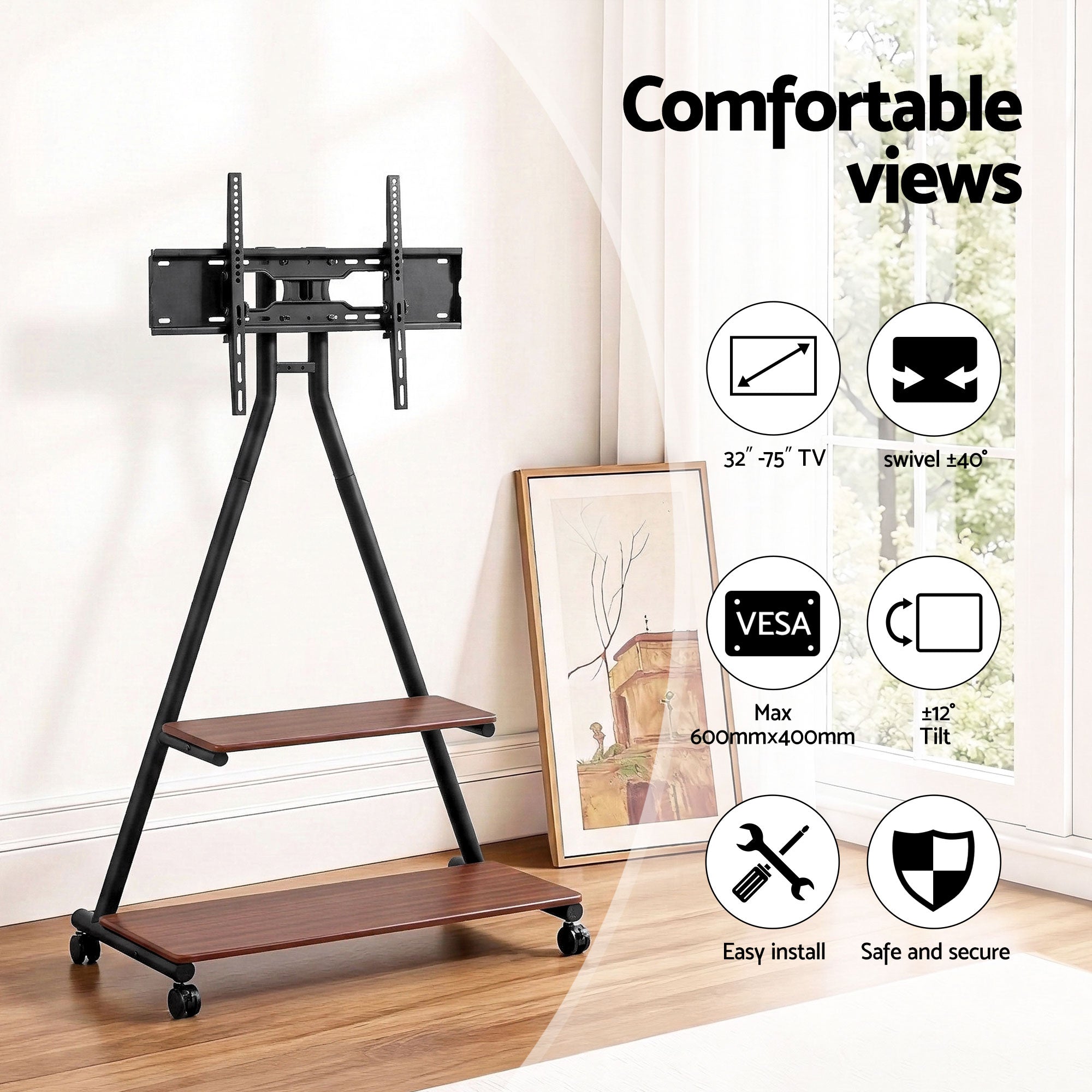 Mobile TV Stand Rolling Cart Wheels 32-75" Heavy Duty 133kg Mount Bracket