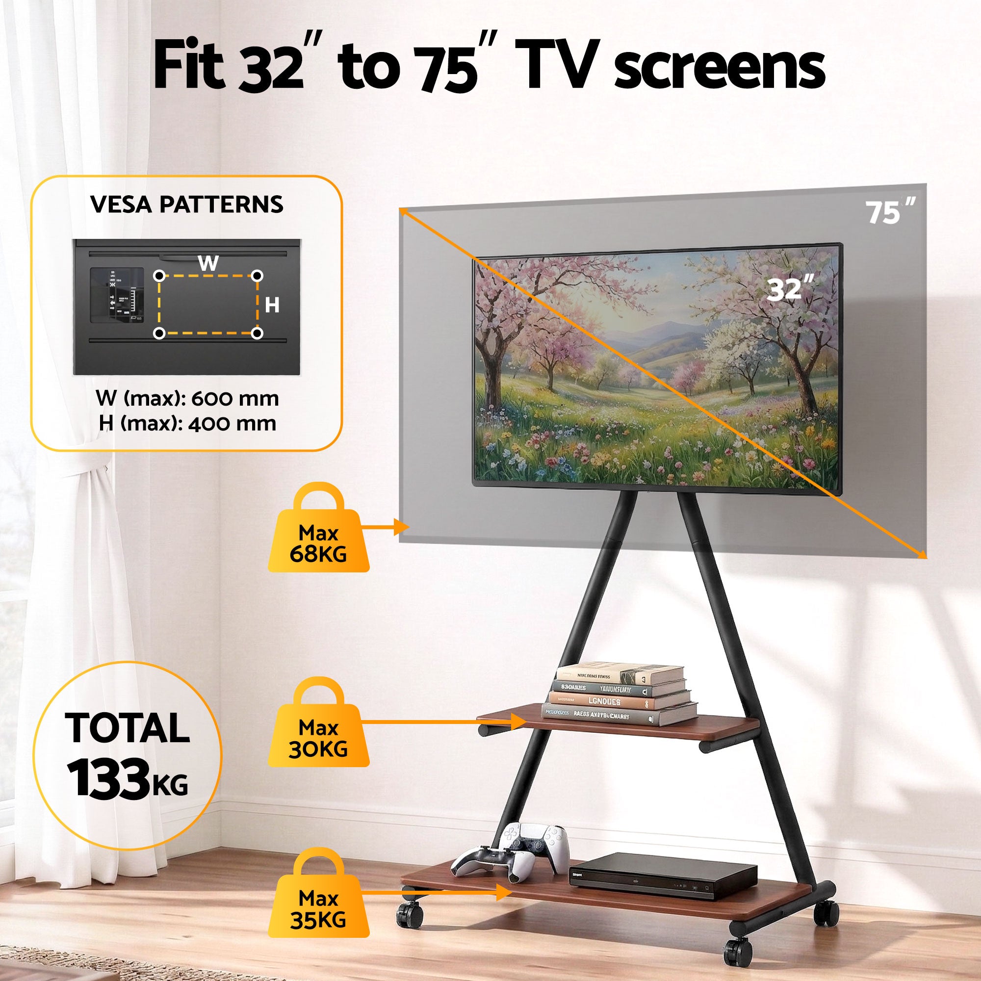 Mobile TV Stand Rolling Cart Wheels 32-75" Heavy Duty 133kg Mount Bracket