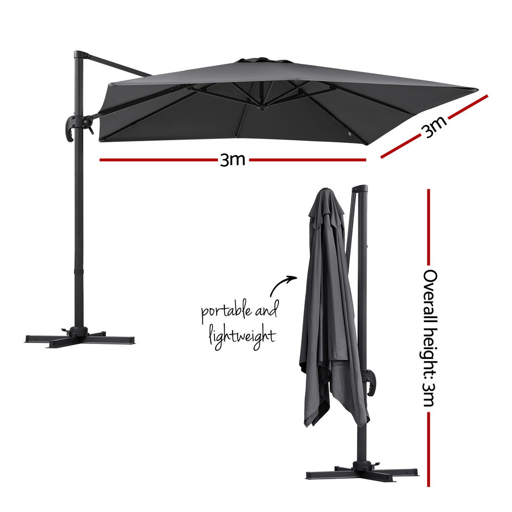 Outdoor Umbrella 3m Umbrellas Cantilever Stand Sun Roma 360 Degree Charcoal