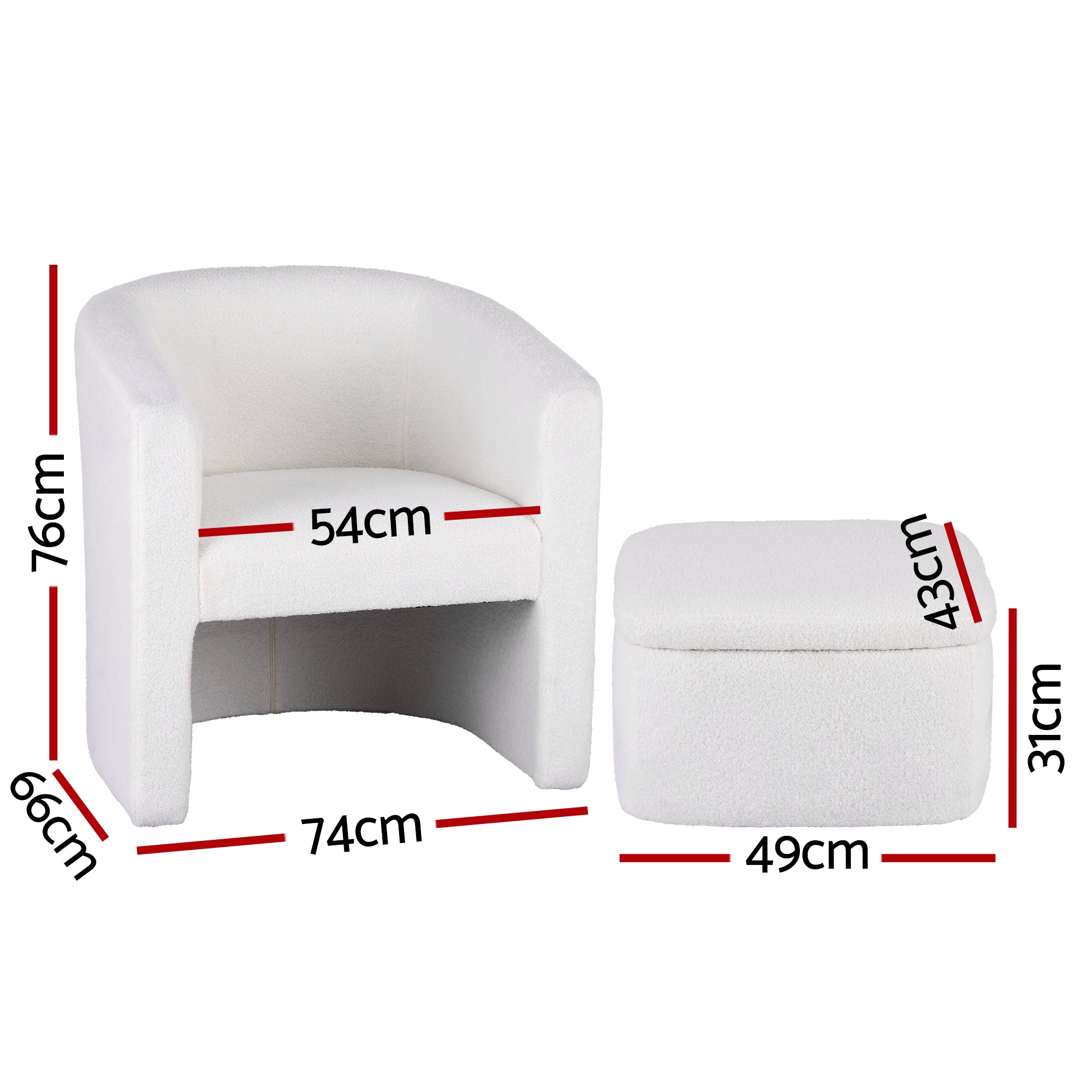 Boucle Armchair Accent Chair with Storage Ottoman Lounge Footrest - White