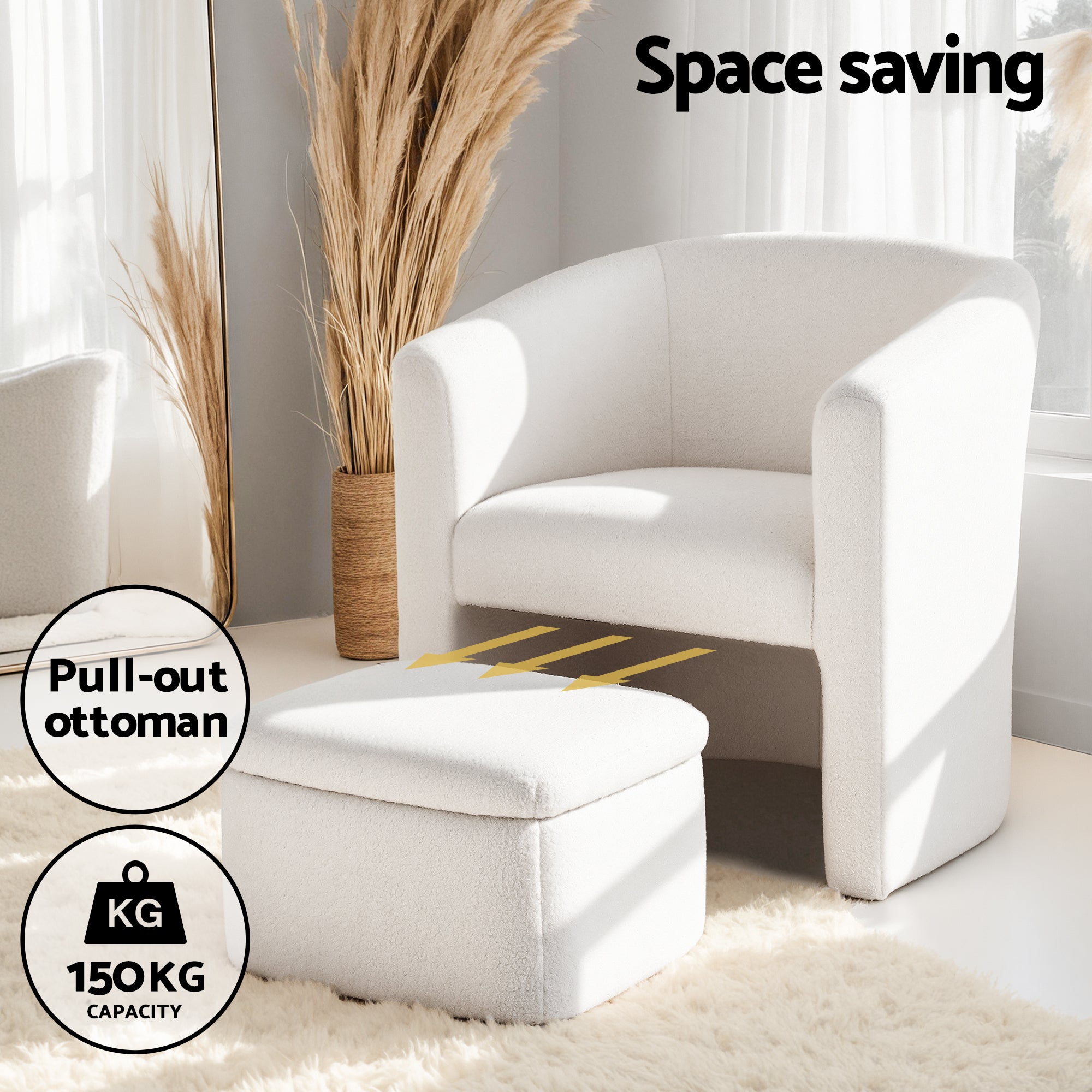 Boucle Armchair Accent Chair with Storage Ottoman Lounge Footrest - White