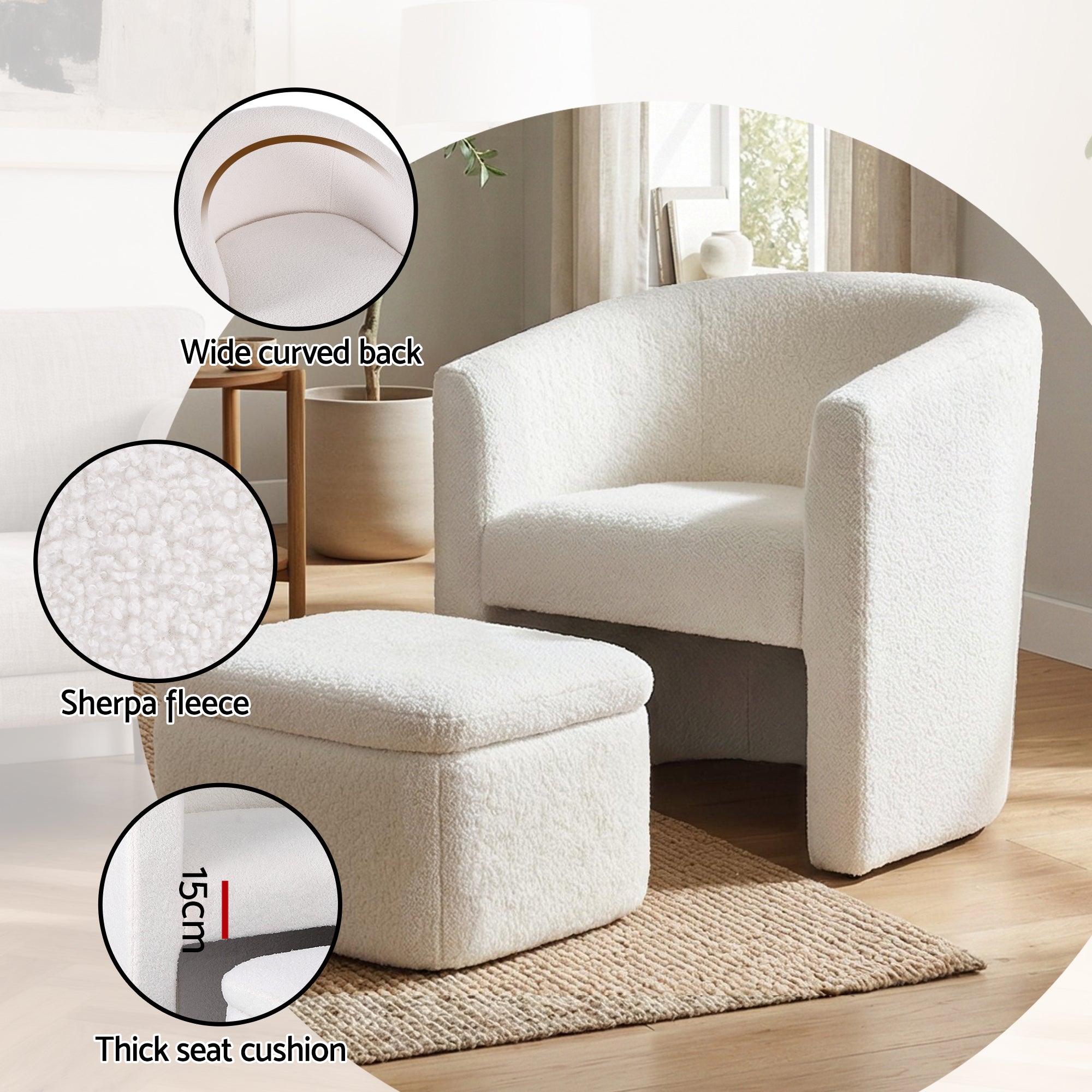 Boucle Armchair Accent Chair with Storage Ottoman Lounge Footrest - White