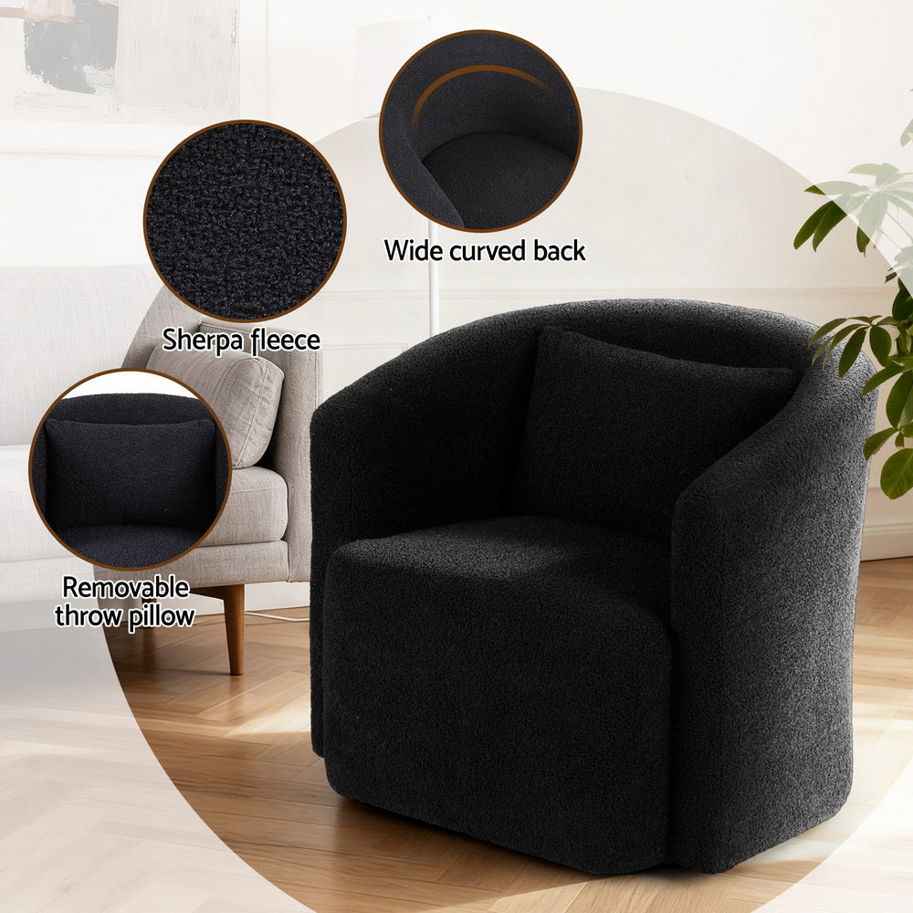 Round Swivel Armchair Sherpa Fleece Black