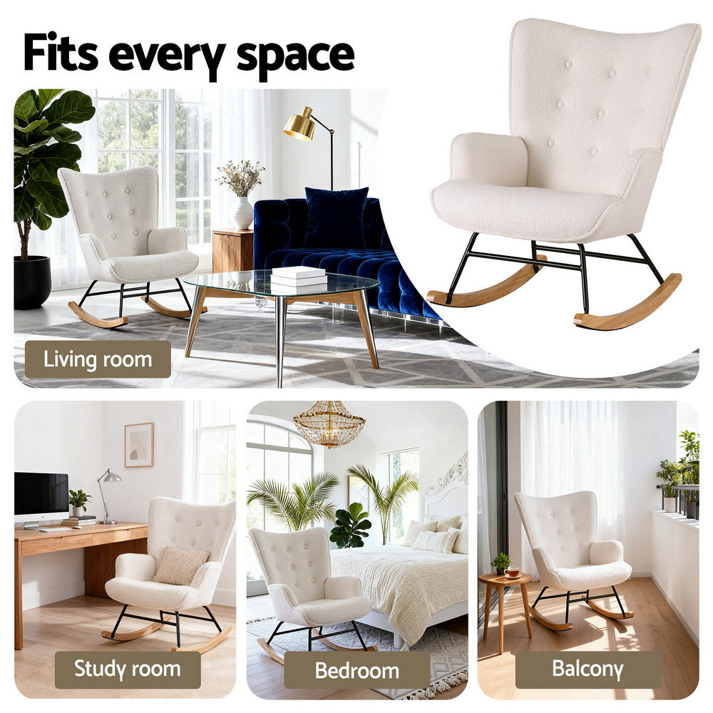 Rocking Armchair Nursing Chair Boucle Fabric White