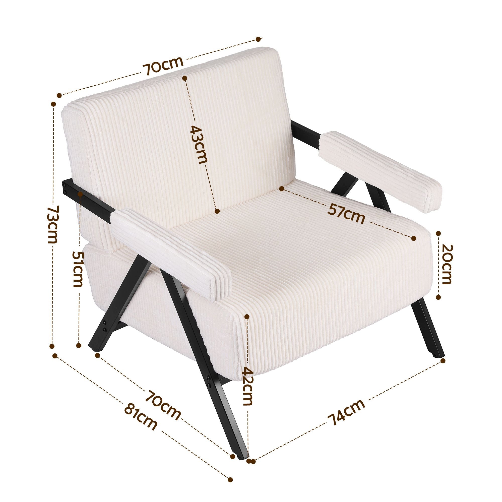 Compressed Armchair White Corduroy Accent Chair for Small Space