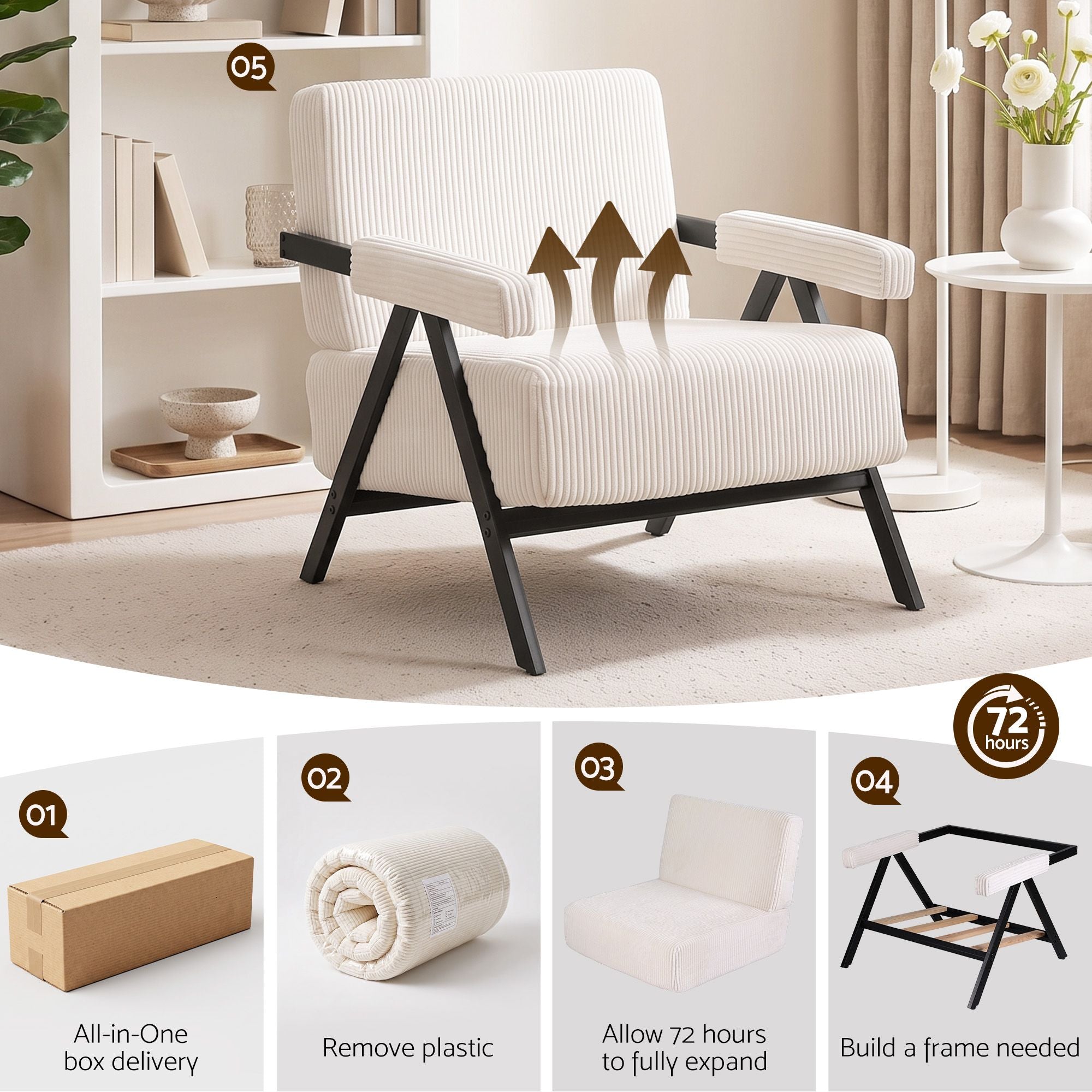 Compressed Armchair White Corduroy Accent Chair for Small Space