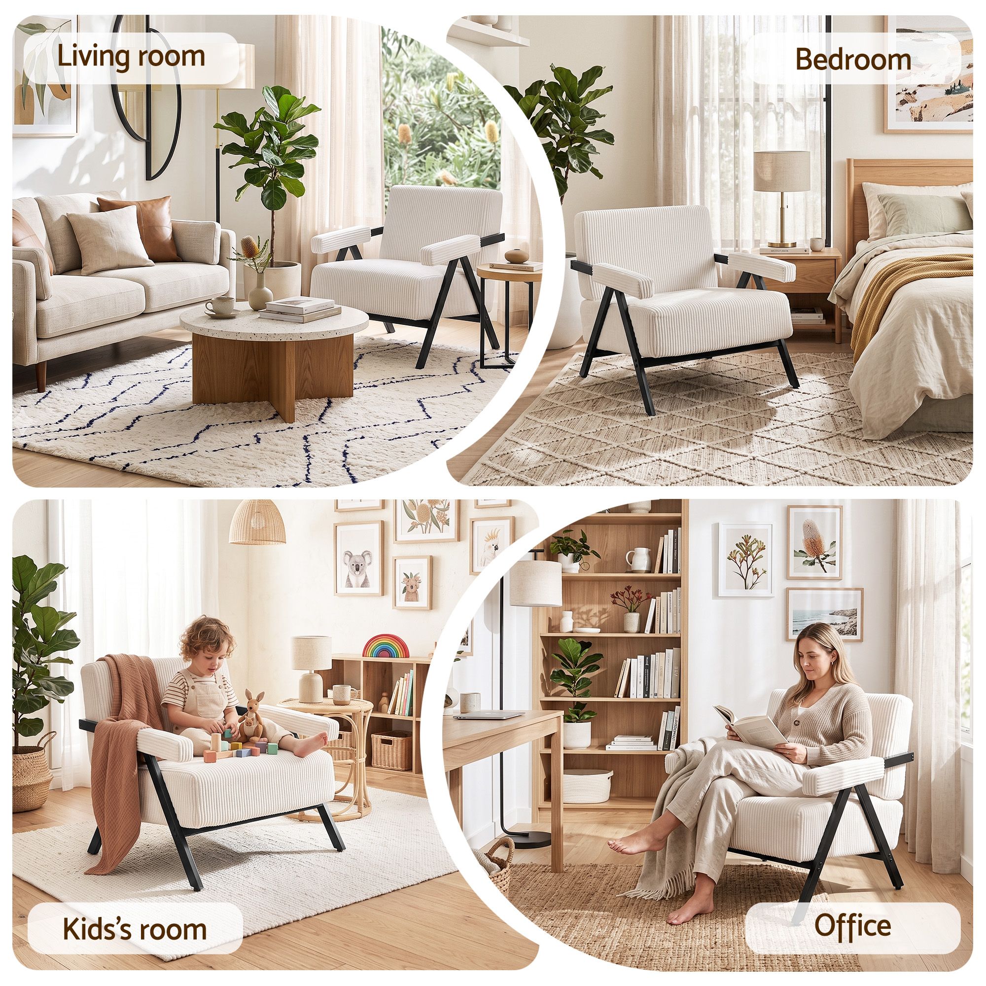 Compressed Armchair White Corduroy Accent Chair for Small Space