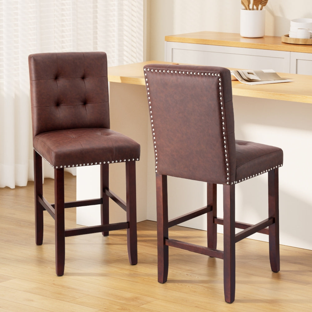 Set of 2 Stirling Leather Bar Stools - Brown