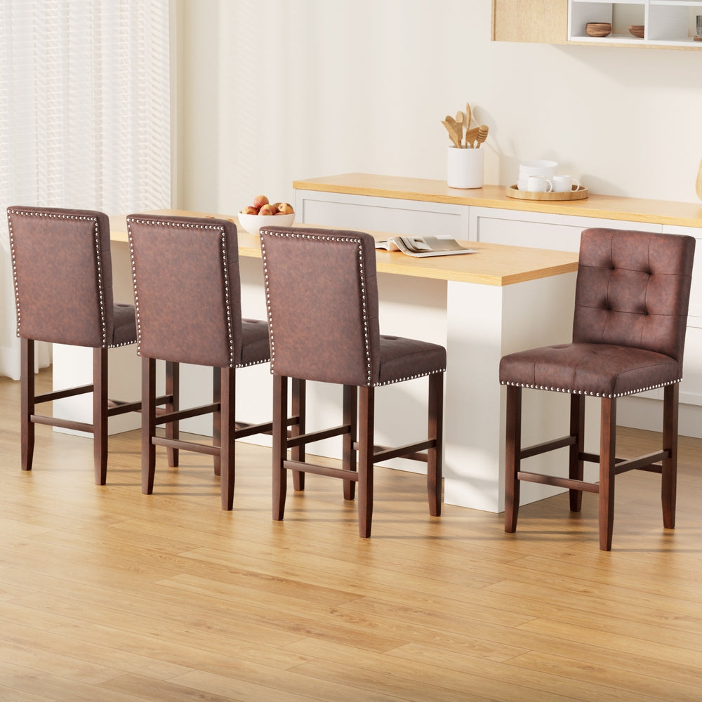 Set of 4 Stirling Leather Bar Stools - Brown