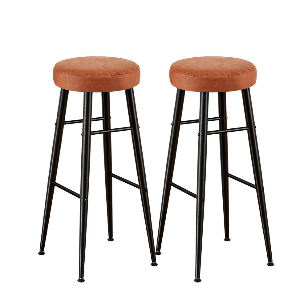 Set of 2 Barossa Round Leather Bar Stools - Brown