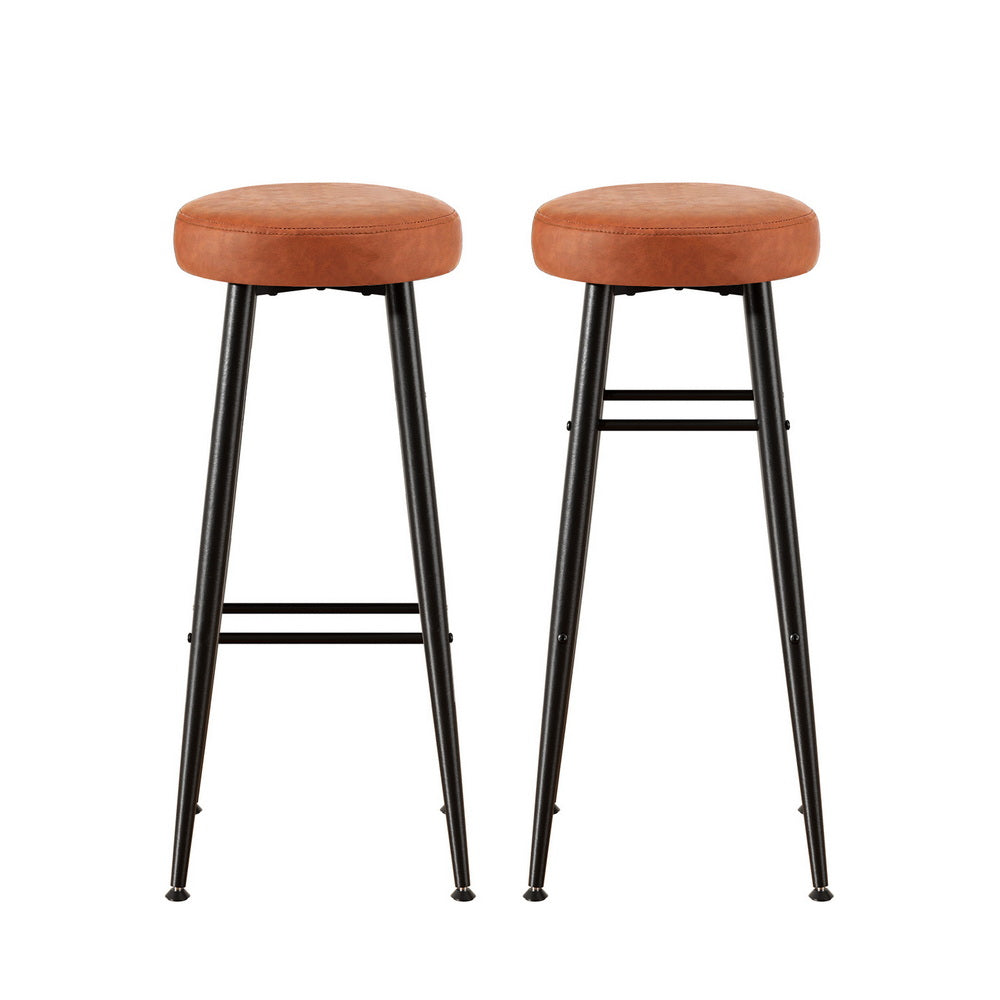 Set of 2 Barossa Round Leather Bar Stools - Brown