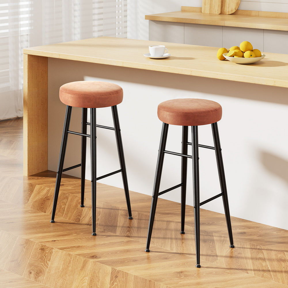 Set of 2 Barossa Round Leather Bar Stools - Brown
