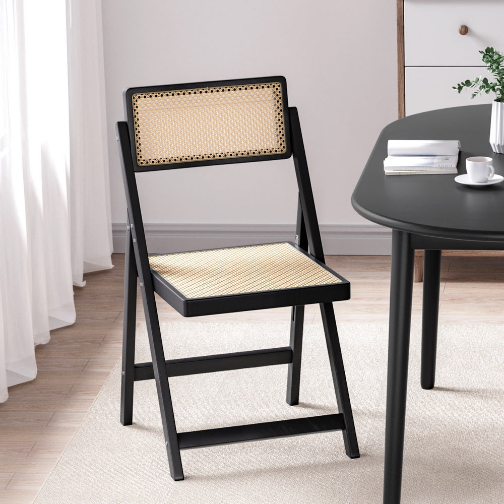 Foldable Rattan Dining Chair Wooden Black