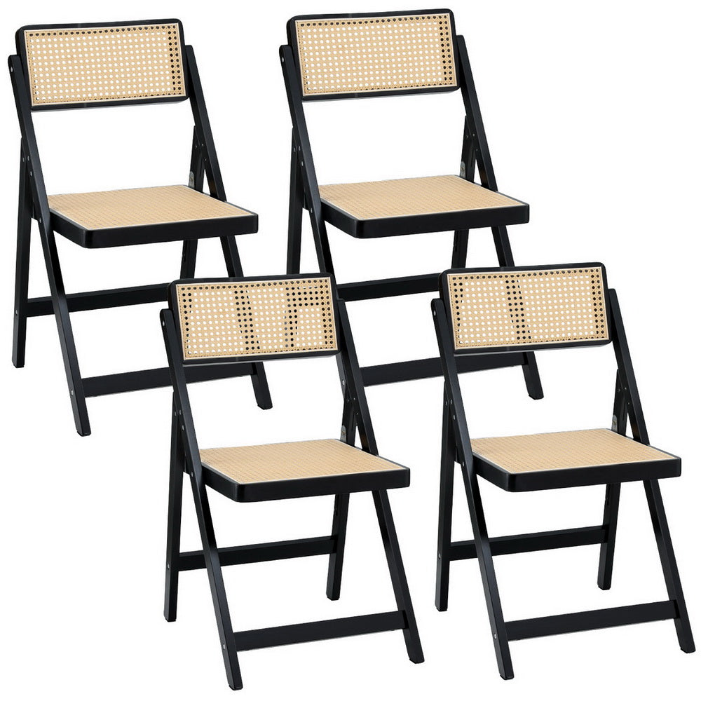 Set of 4 Dining Chairs Wooden Rattan Foldable Black