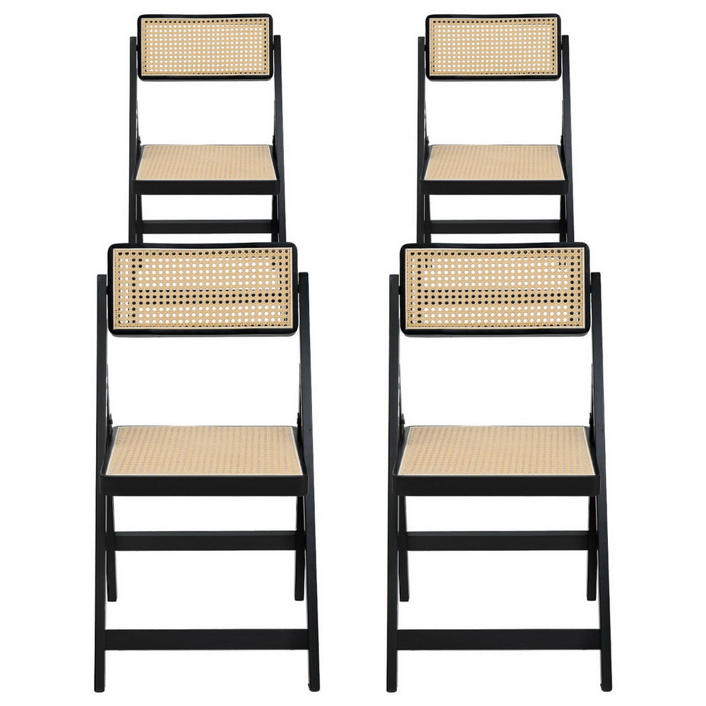 Set of 4 Dining Chairs Wooden Rattan Foldable Black