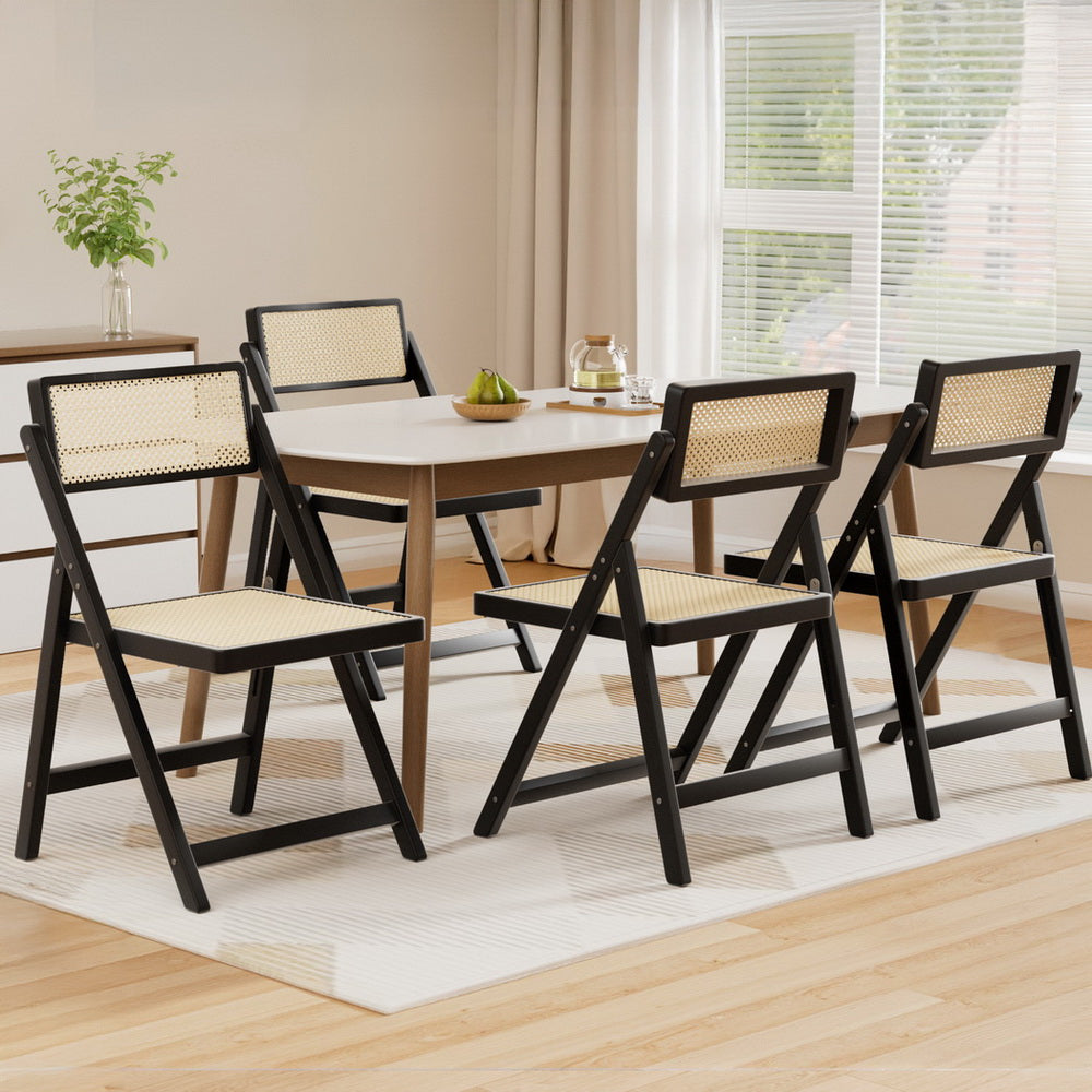 Set of 4 Dining Chairs Wooden Rattan Foldable Black