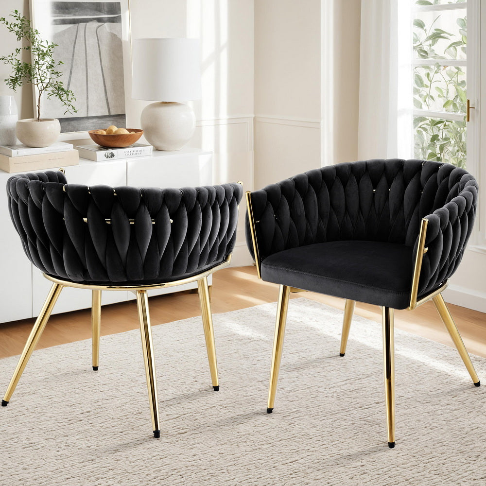 Set of 2 Dining Chairs Velvet Armchair Black