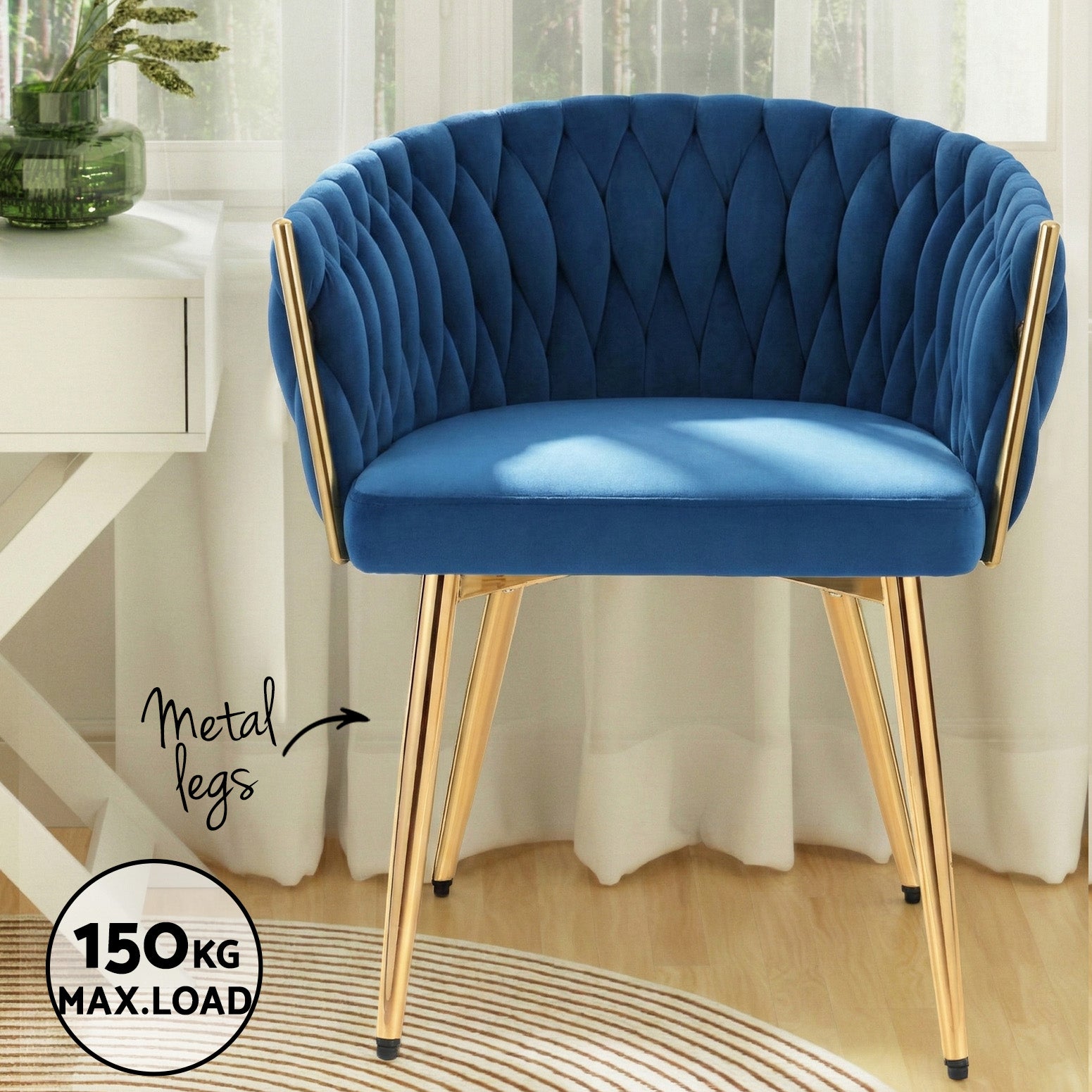 Set of 4 Dining Chairs Velvet Weaving Armchair Blue