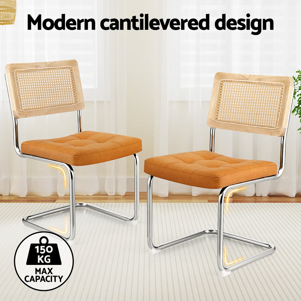 Dining Chairs Set of 2 PU Leather Rattan Cantilever Brown