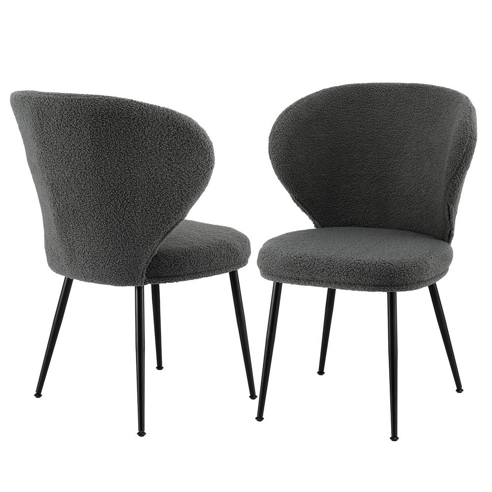 2x Dining Chairs Sherpa Boucle Wing Back Grey