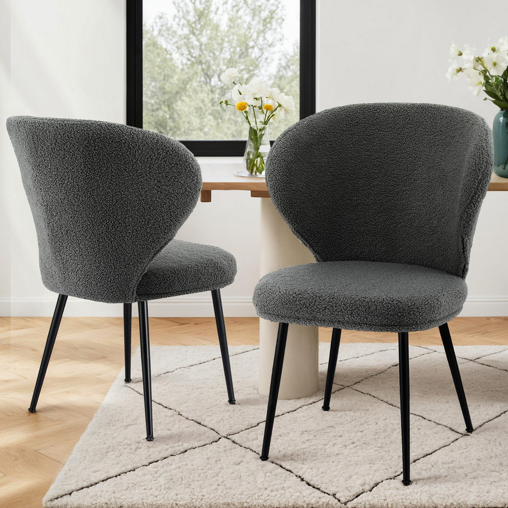 2x Dining Chairs Sherpa Boucle Wing Back Grey