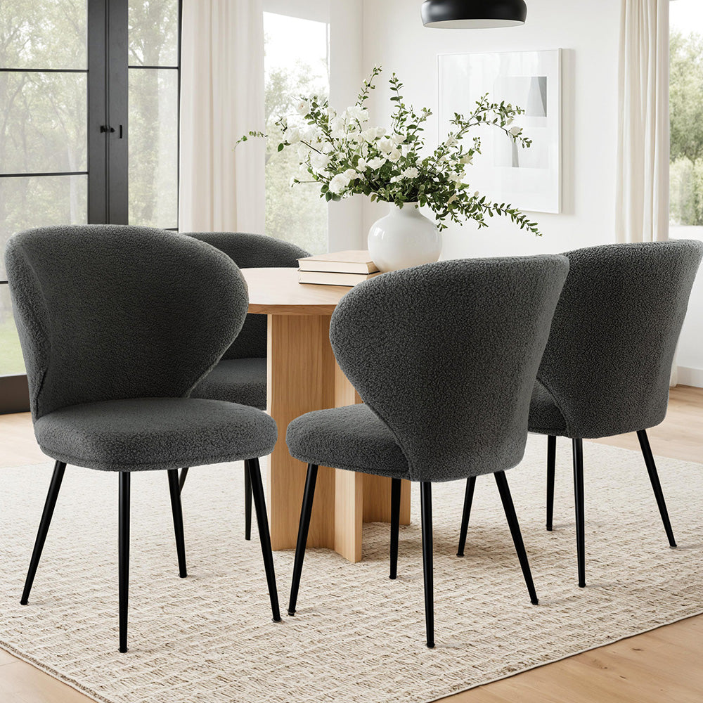 4x Dining Chairs Sherpa Boucle Wing Back Grey