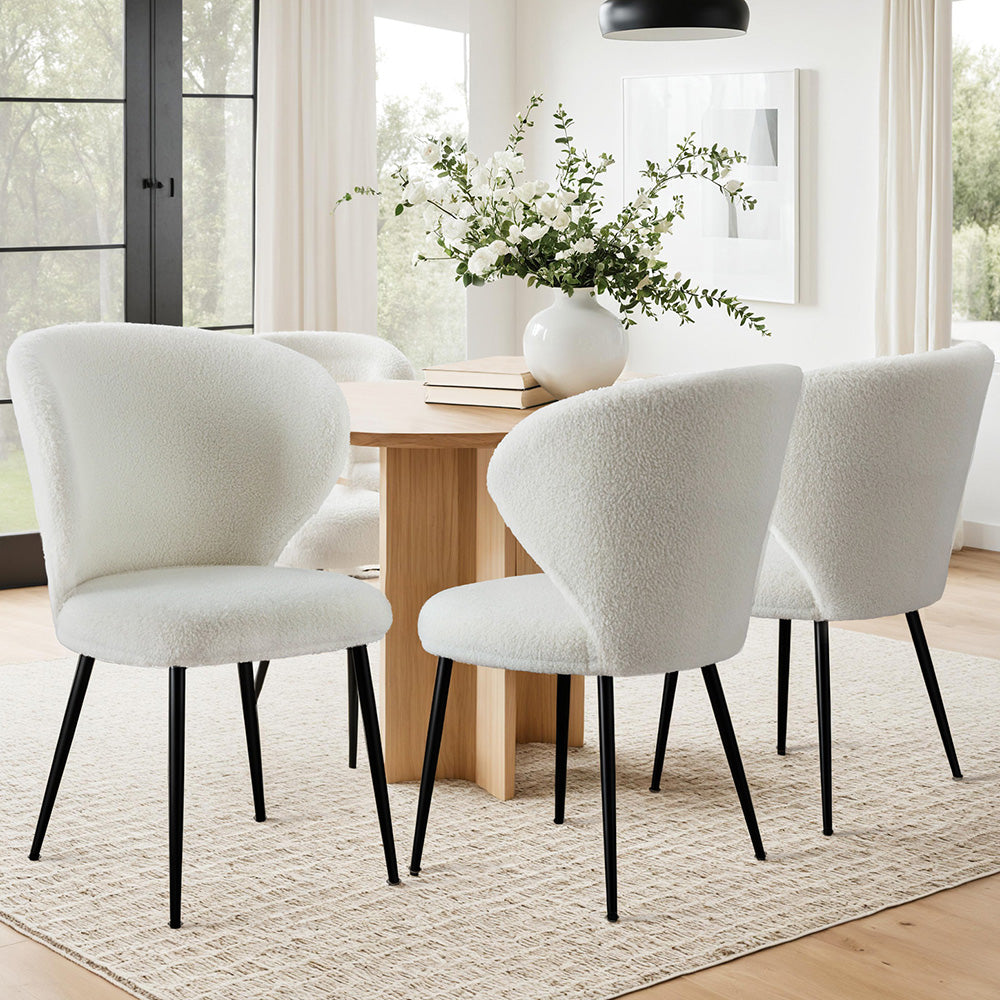 4x Dining Chairs Sherpa Boucle Wing Back White