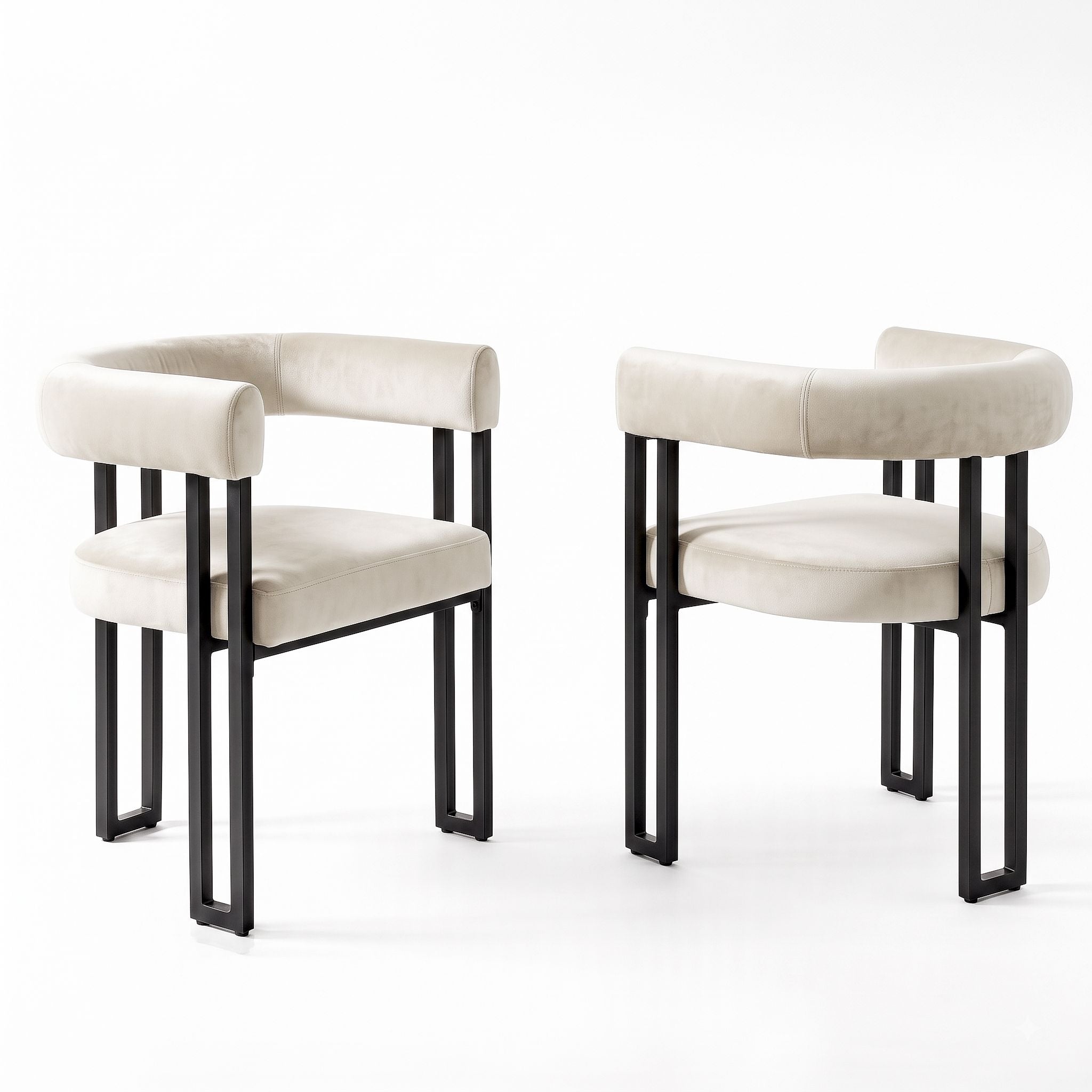 Set of 2 Velvet Upholstered Barrel Dining Chairs with Curved Armrests - Beige