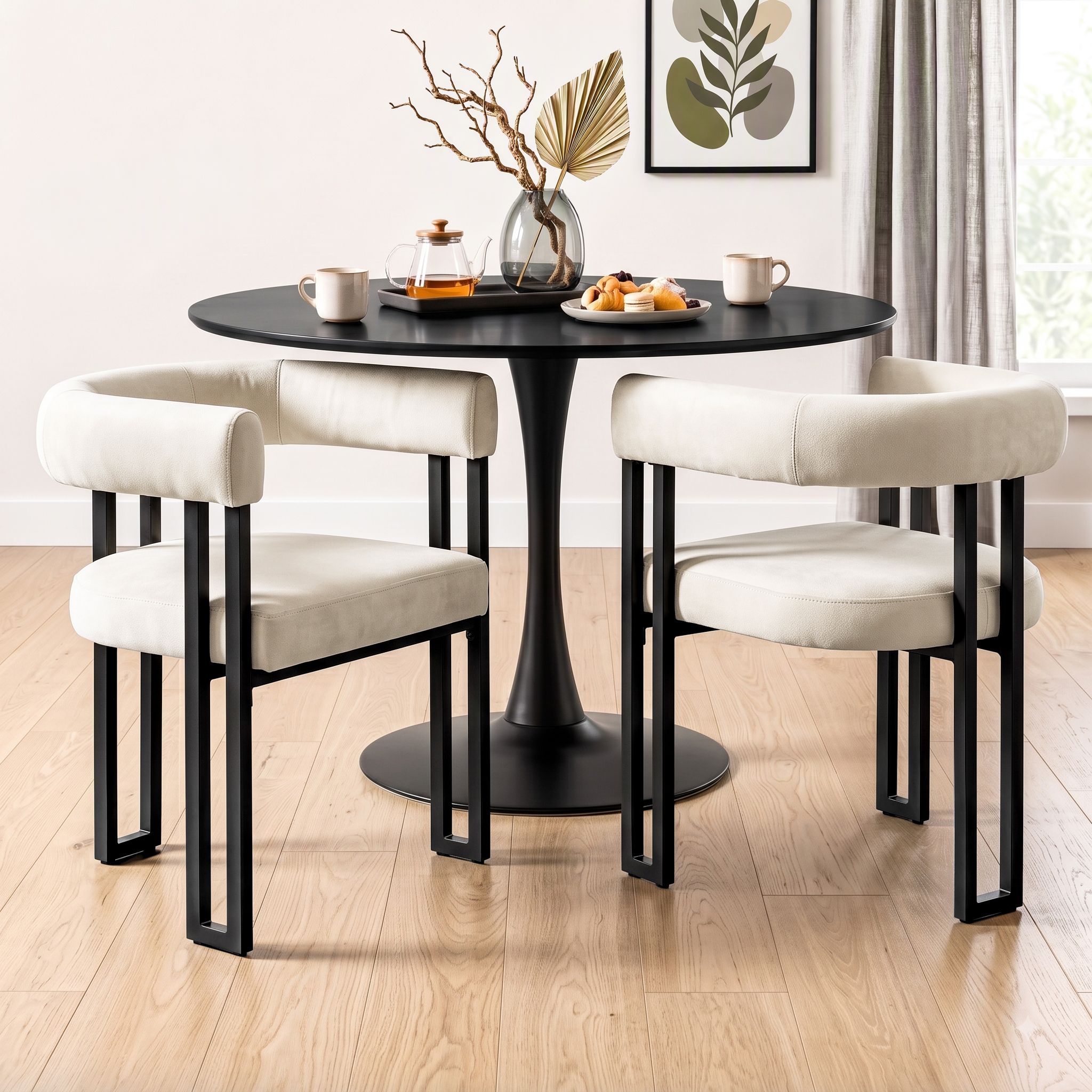 Set of 2 Velvet Upholstered Barrel Dining Chairs with Curved Armrests - Beige
