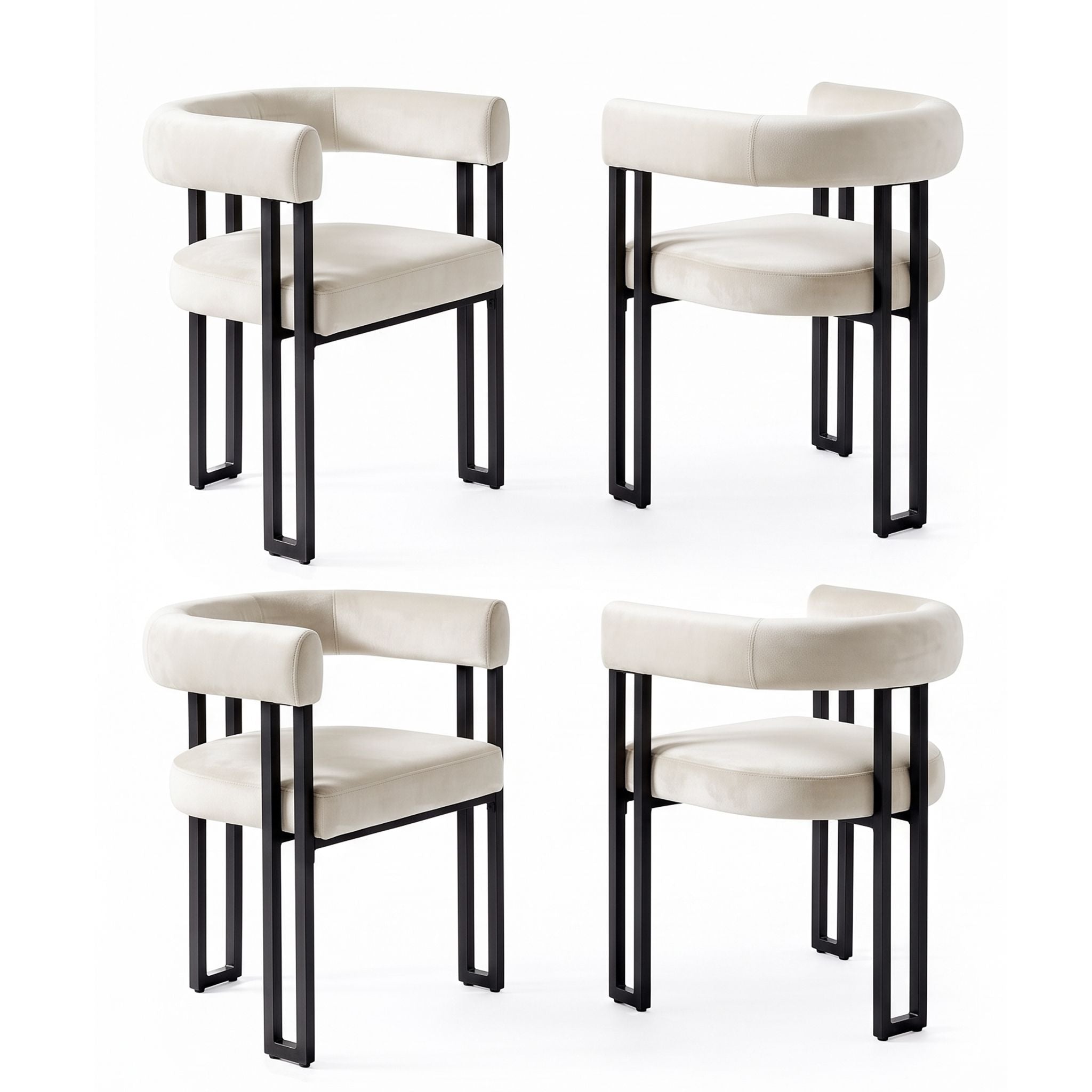 Set of 4 Velvet Upholstered Barrel Dining Chairs with Curved Armrests - Beige