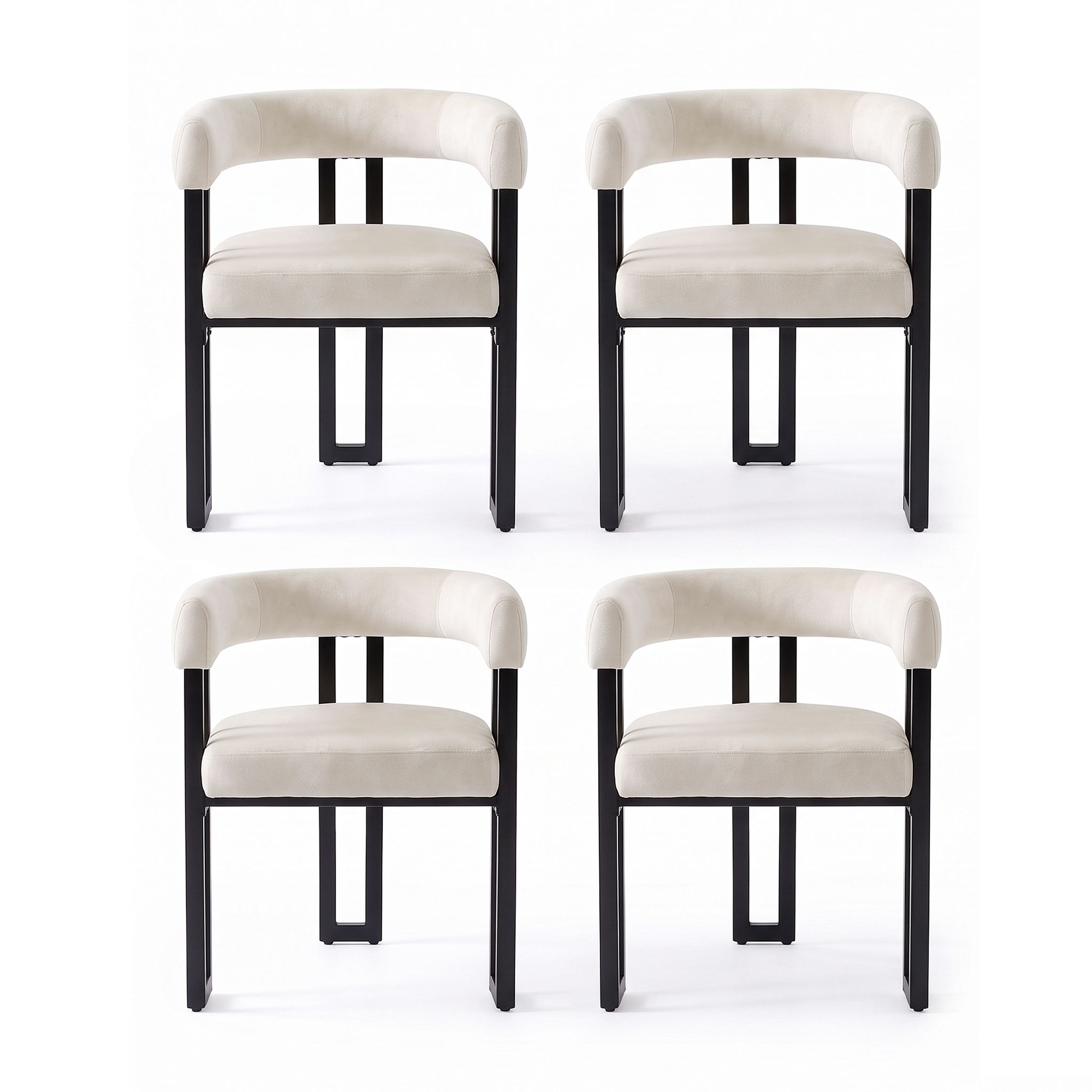 Set of 4 Velvet Upholstered Barrel Dining Chairs with Curved Armrests - Beige